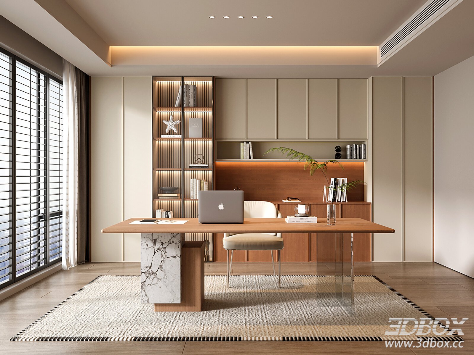 Modern Mid-Century Study Room Interior Scene 3D model - thumbnail 1