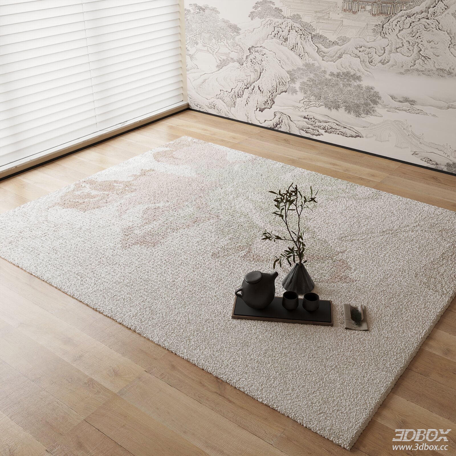 New Chinese Style Soft Textured Beige Carpet 3D model - front view