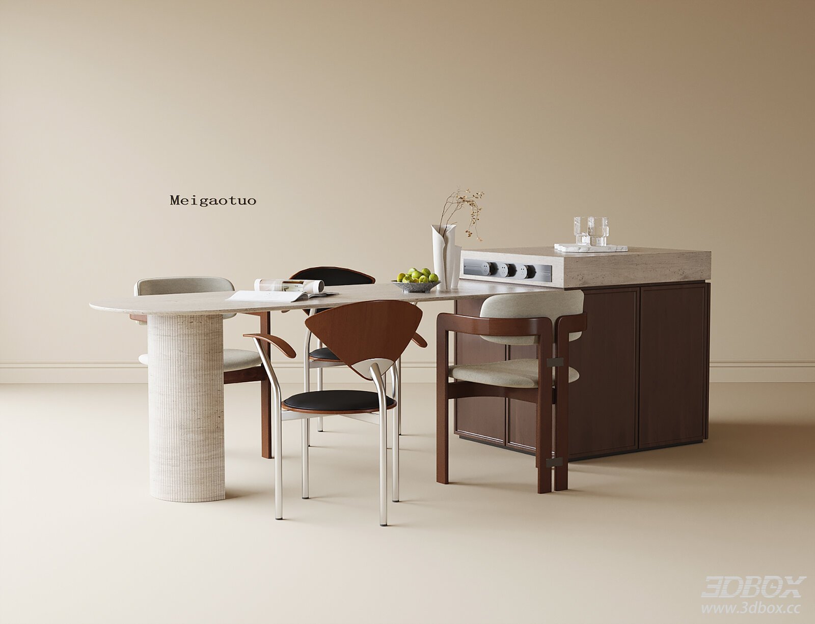 Modern Marble Dining Table with Kitchen Island and Chairs 3D model - front view