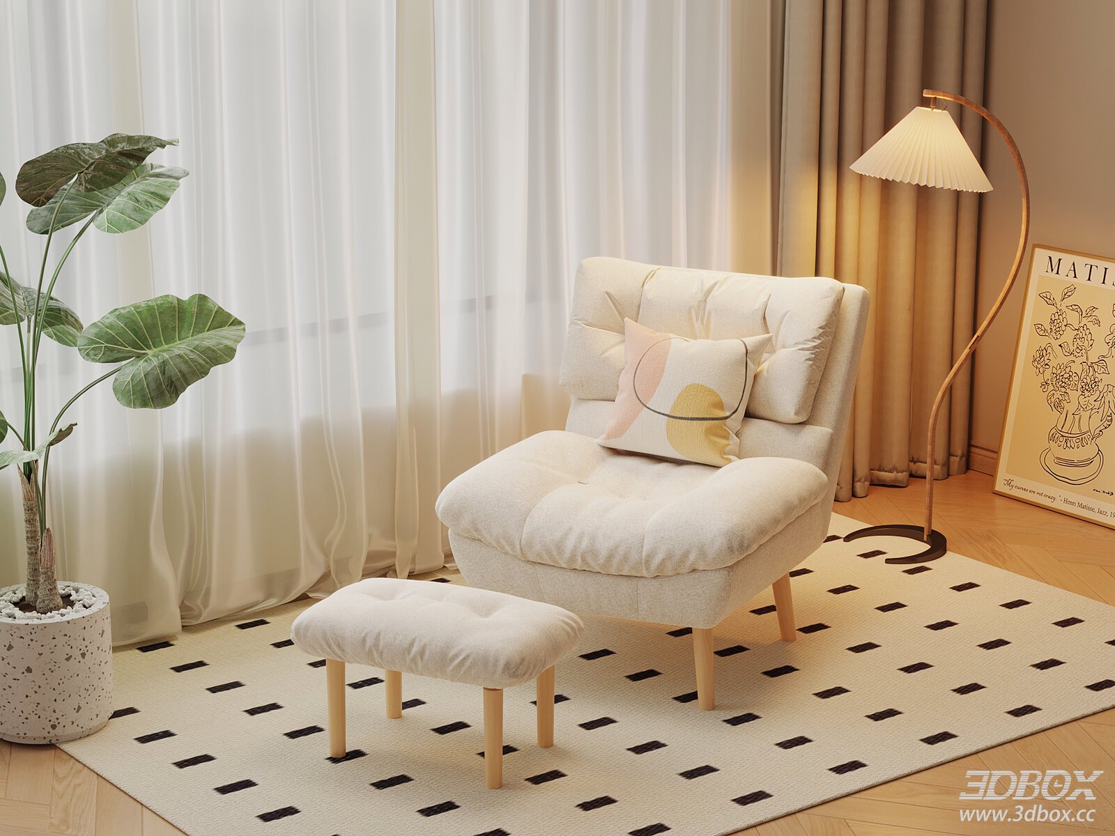 Cream Style Fabric Single Lounge Chair with Ottoman 3D model - front view