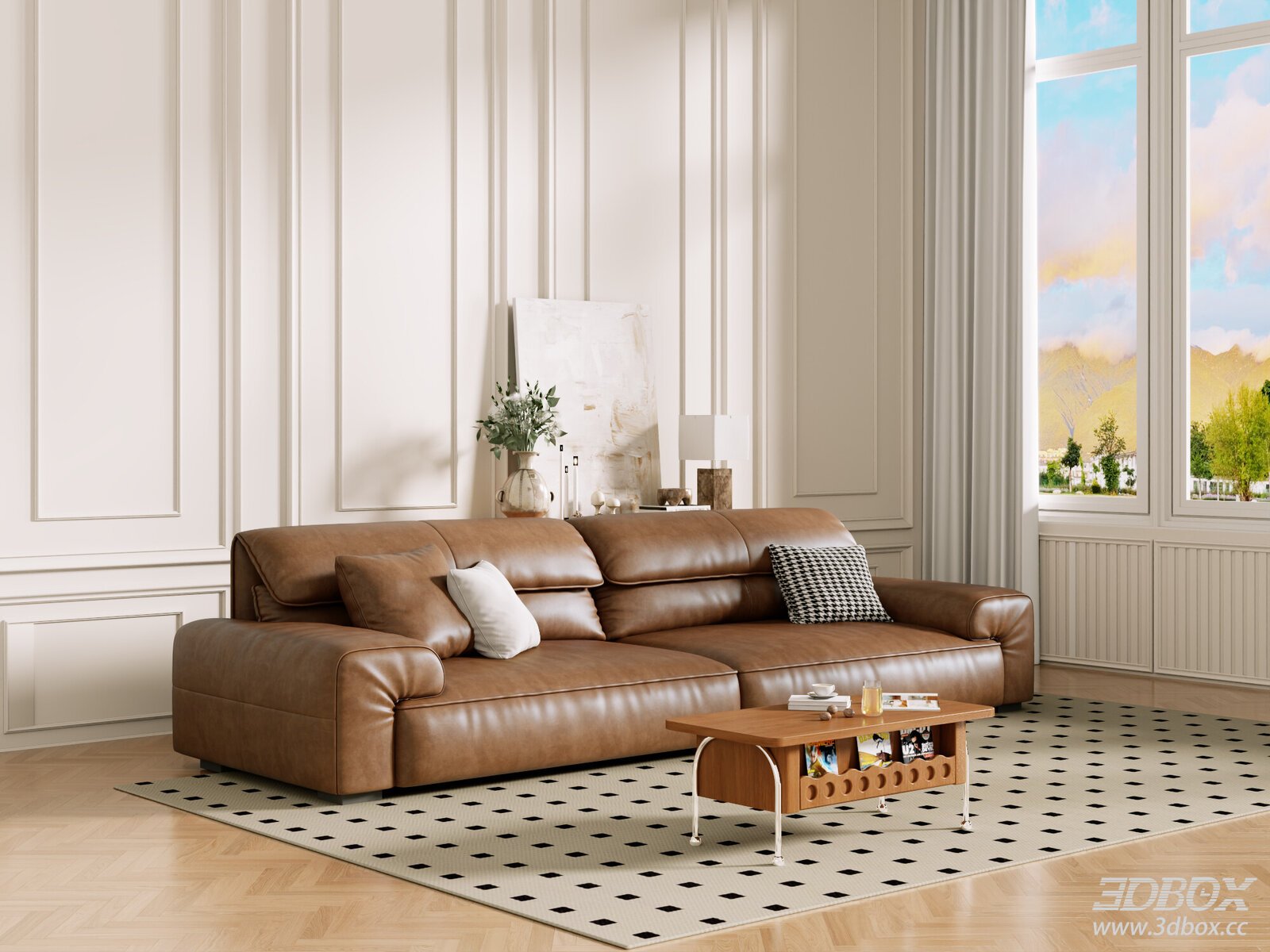 Modern Vintage Leather Sofa Set Living Room Scene 3D model - front view