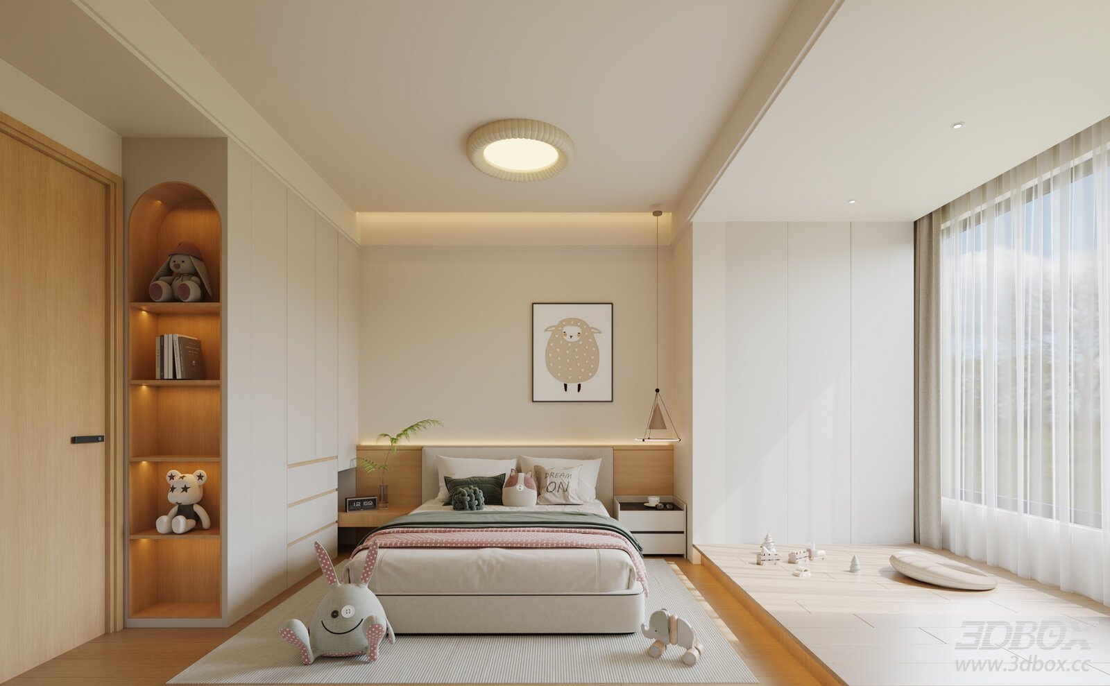 Cream Style Wooden Kids Bedroom Interior Scene 3D model - front view
