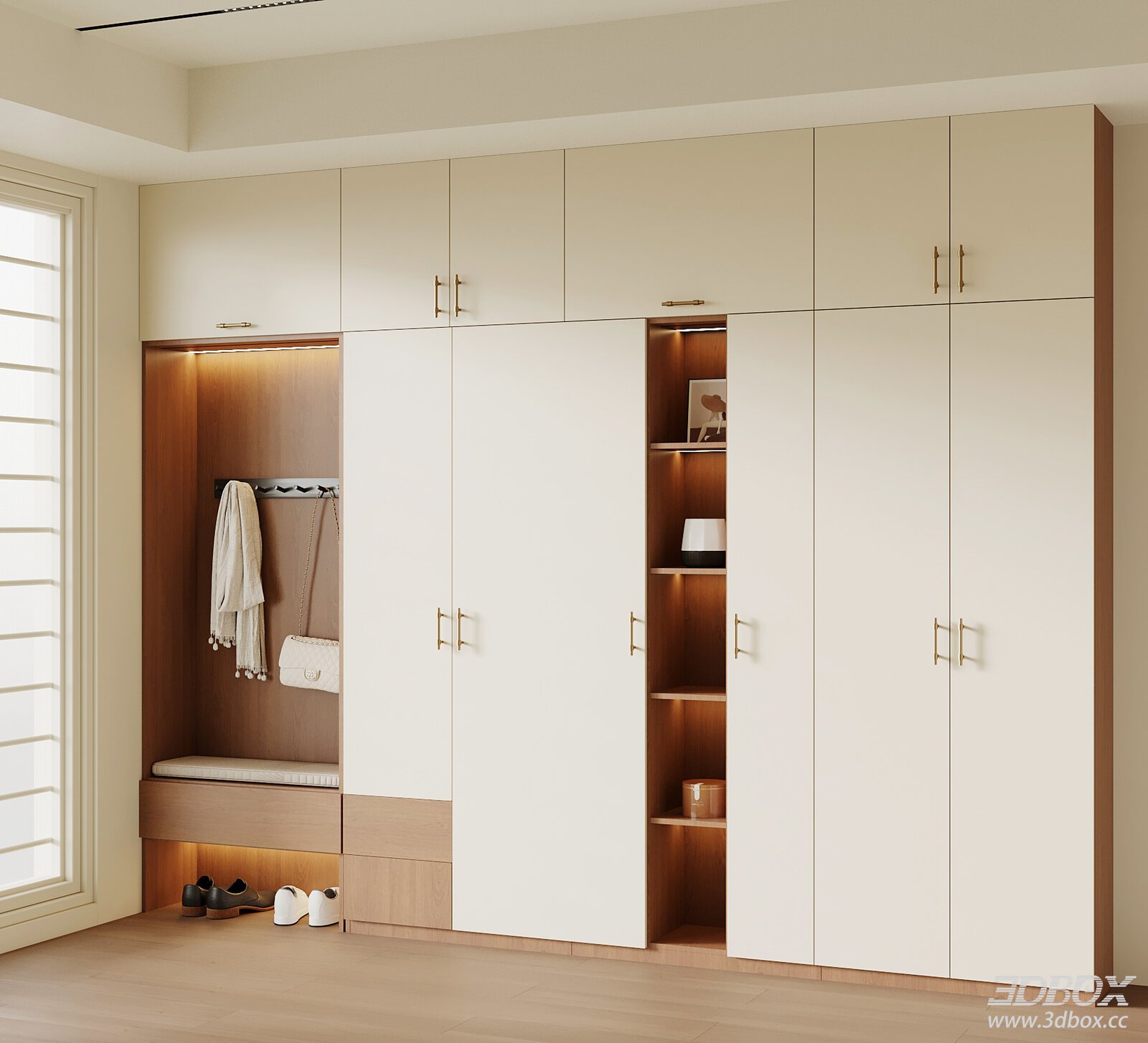Vintage Minimalist Hallway Entry Shoe Cabinet with Lighting 3D model - front view