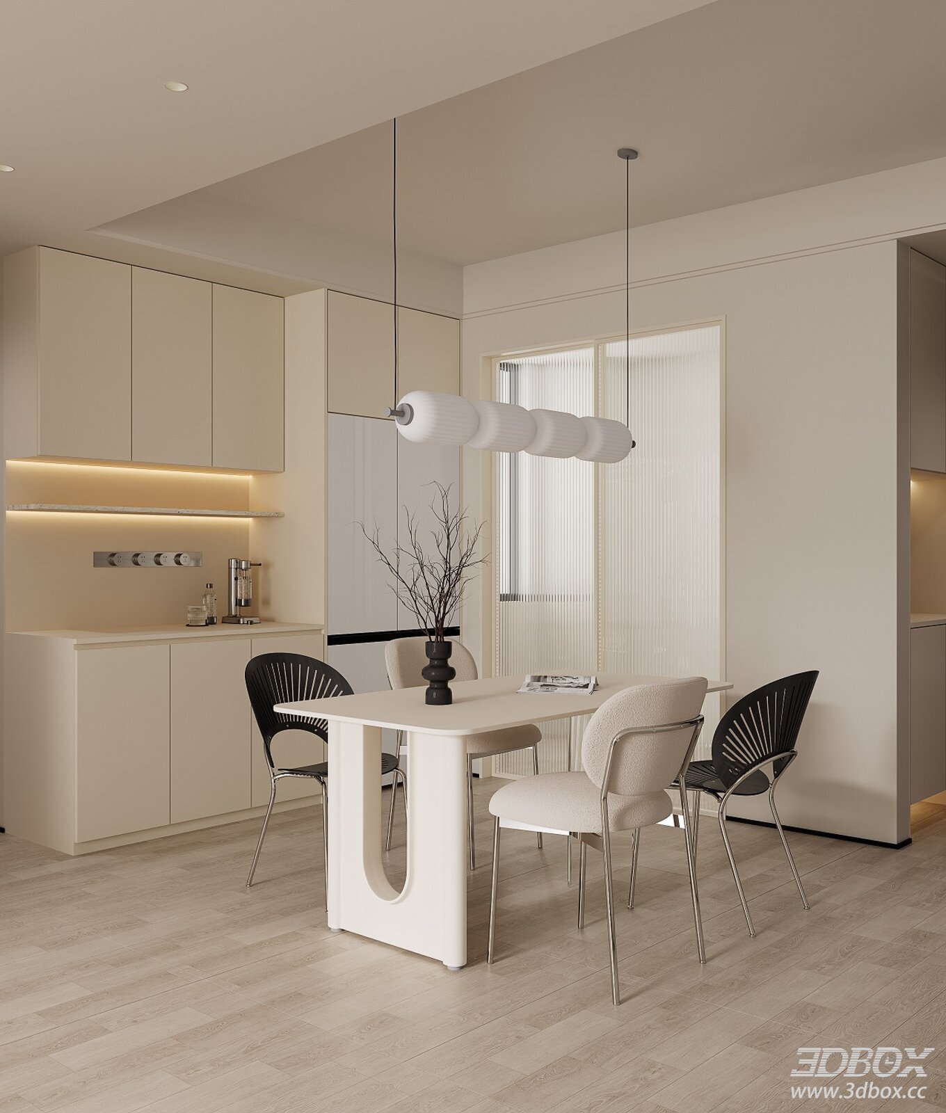 Modern Cream Style Minimalist Dining Room Interior 3D model - front view