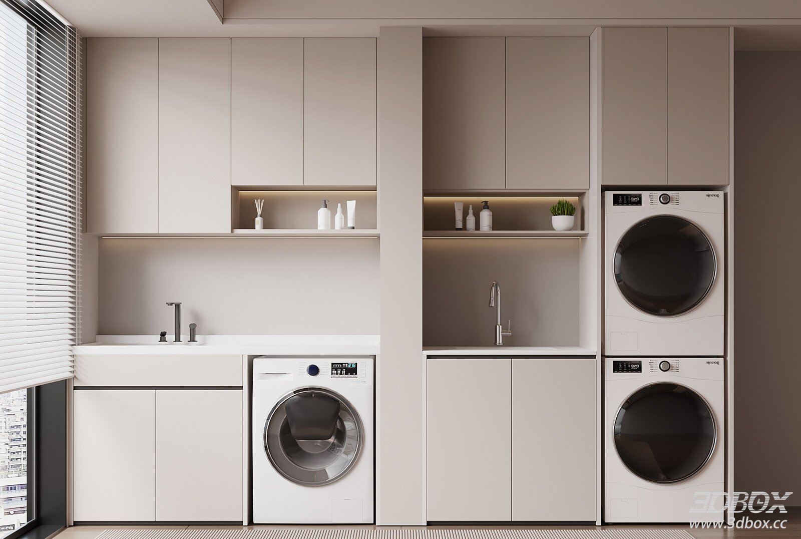 Modern Built-in Laundry Cabinet With Washing Machines 3D model - front view