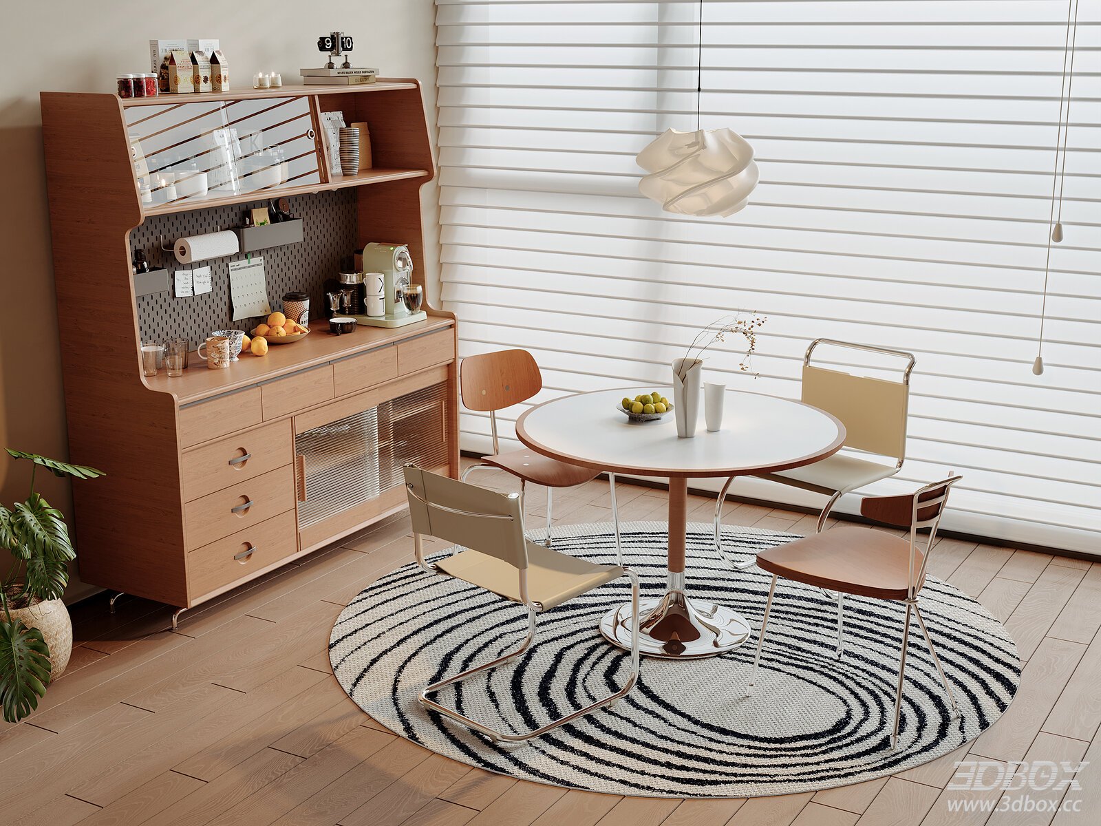 Mid-century Modern Dining Room with Sideboard and Round Table 3D model - front view