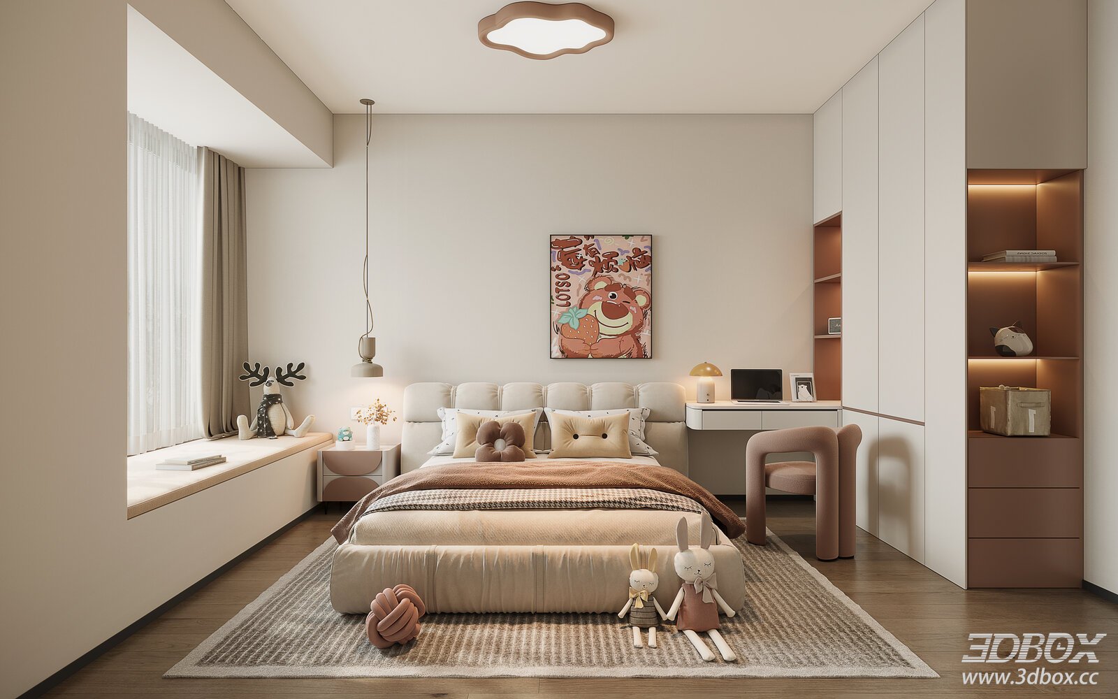 Modern Cream Style Girl Kids Bedroom Interior Scene 3D model - front view