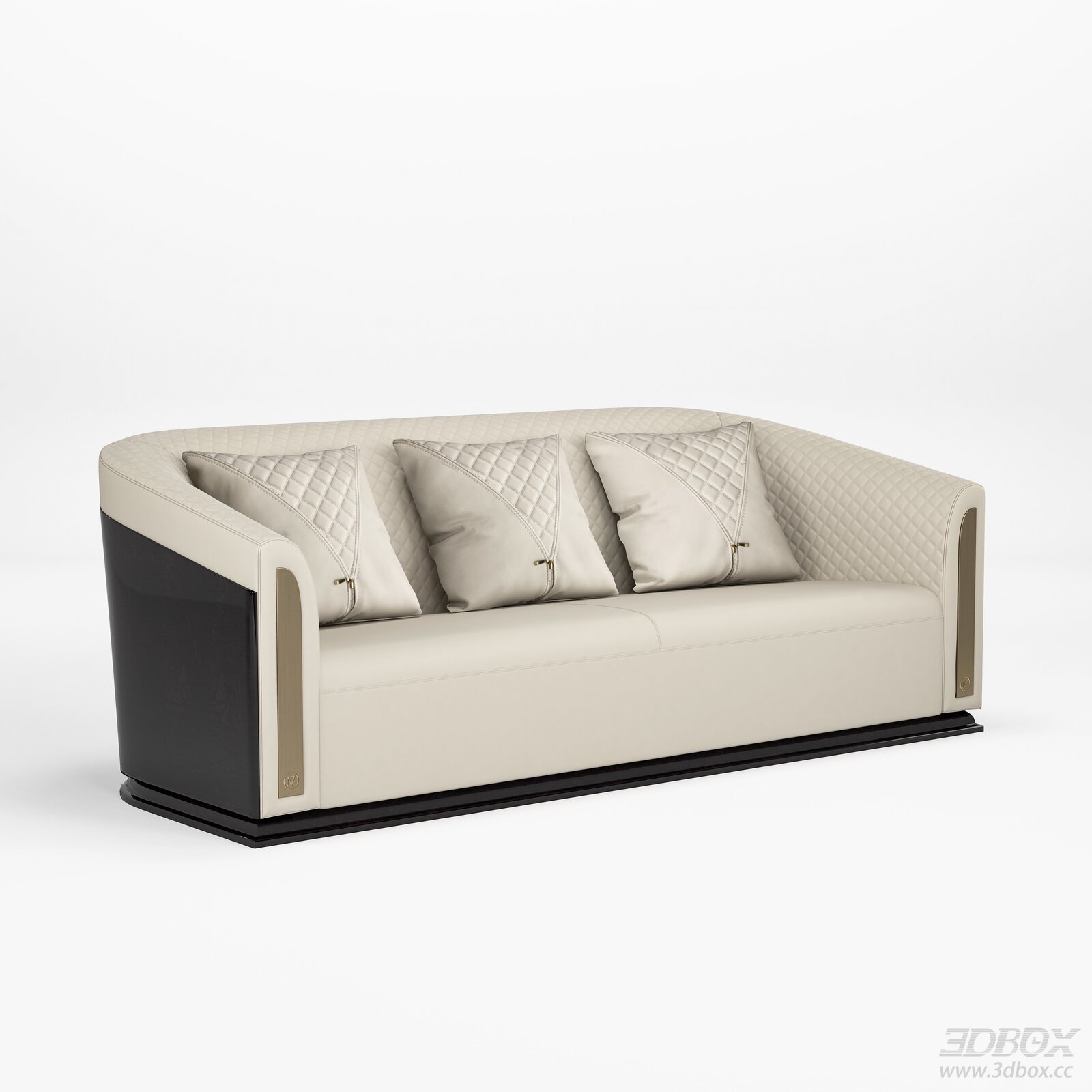 Modern Luxury Cream Leather 3-seater Sofa with Quilted Pillows 3D model - front view