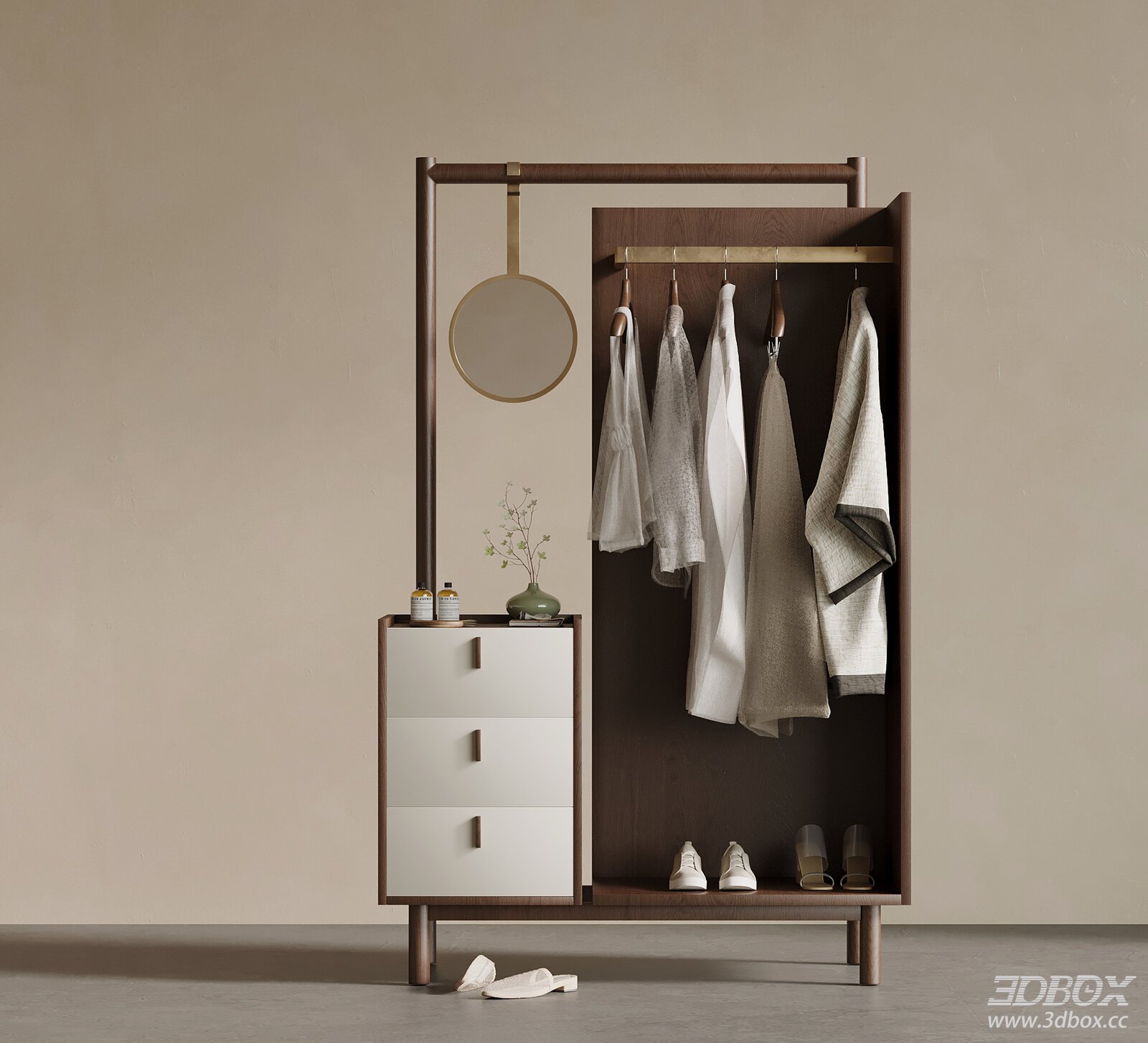 New Chinese Style Hallway Coat Rack Cabinet 3D model - front view