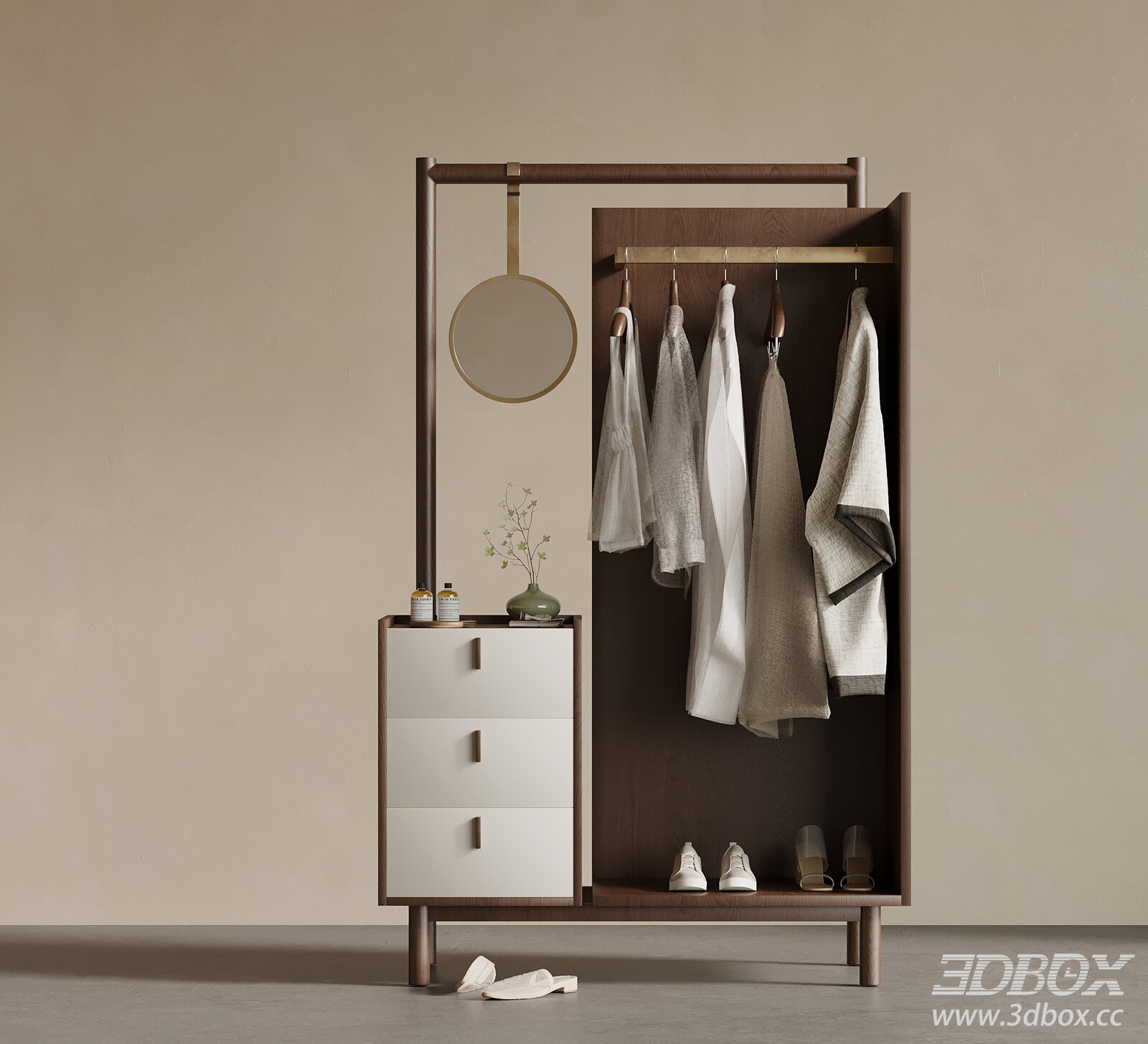New Chinese Style Hallway Coat Rack Cabinet 3D model - thumbnail 1