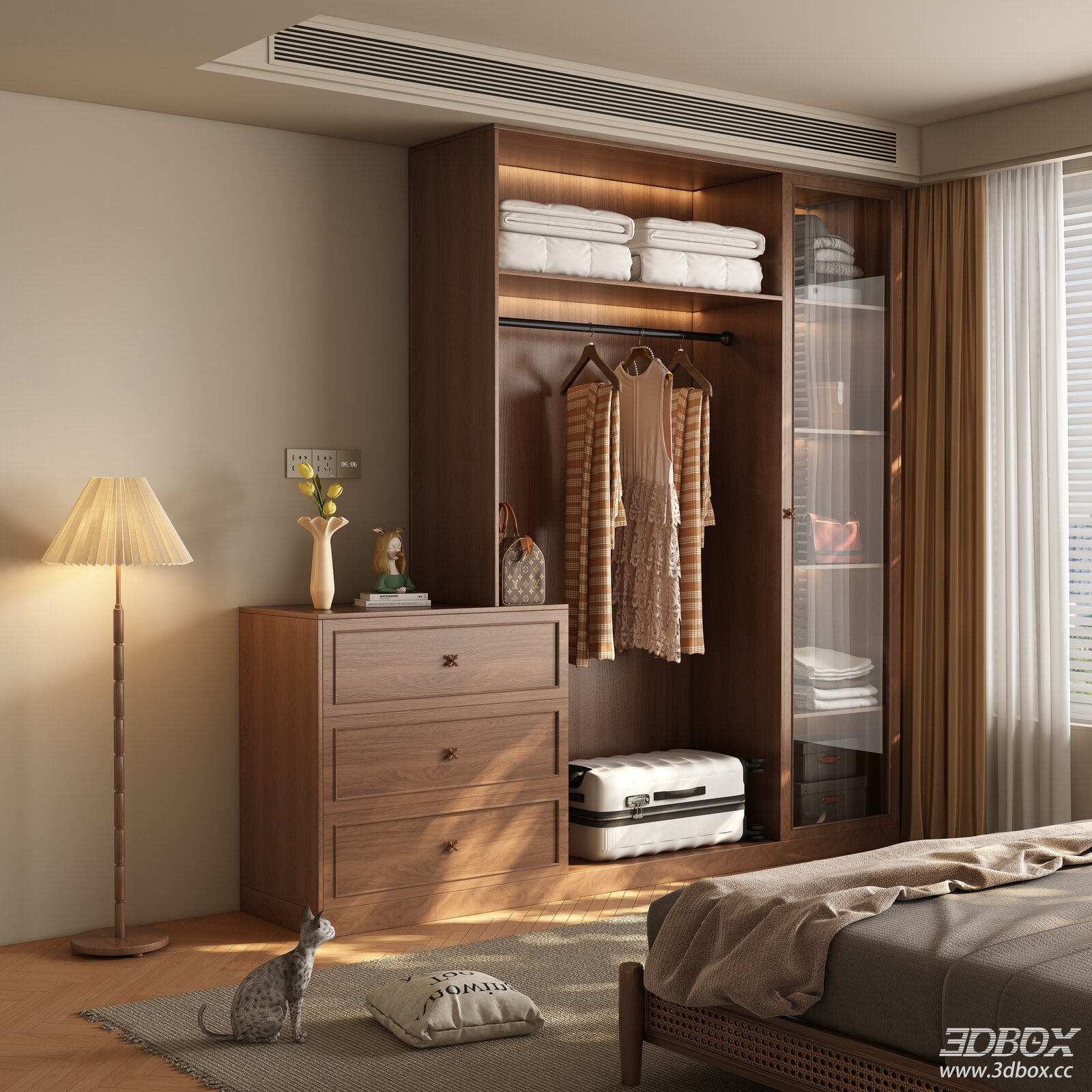 Mid Century Modern Wooden Wardrobe with Glass Door 3D model - front view