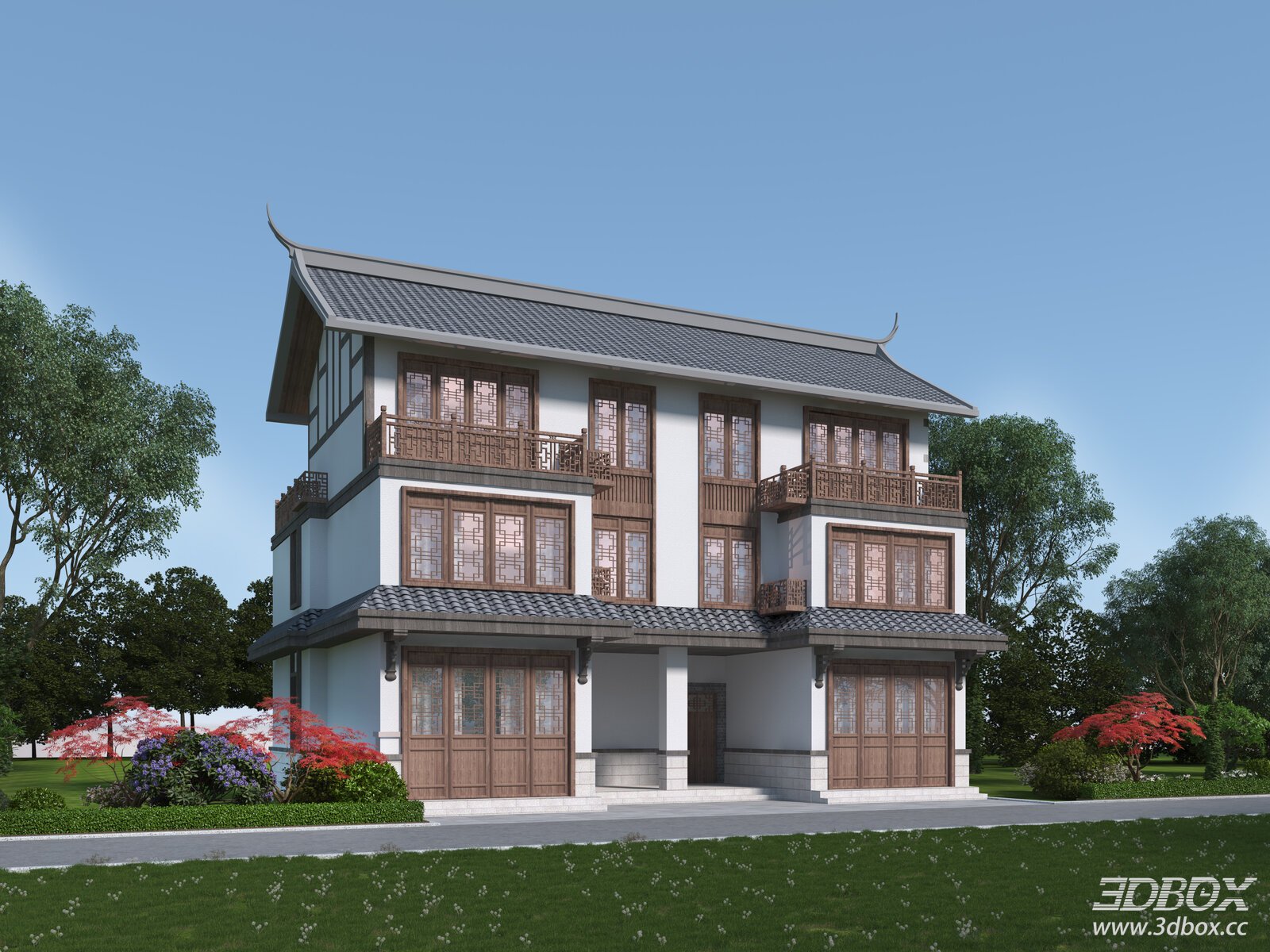 New Chinese Style Rural Villa Exterior Building 3D model - front view