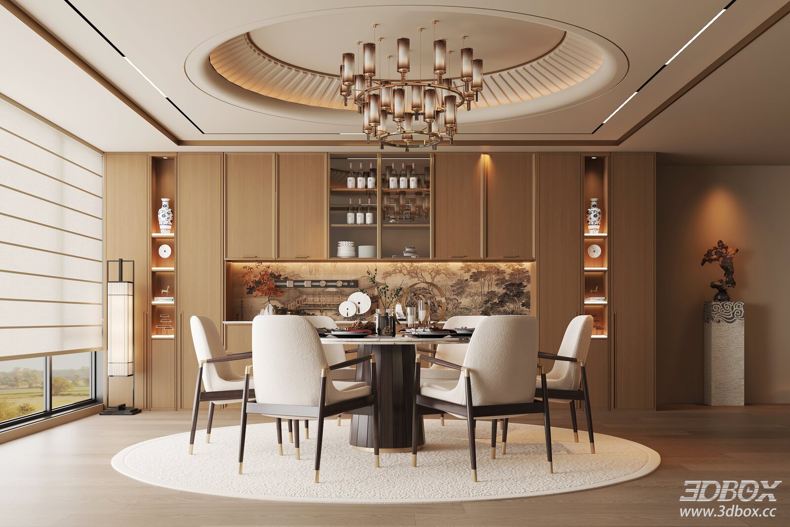 Modern Chinese Style Luxury Dining Room Interior 3D model - front view