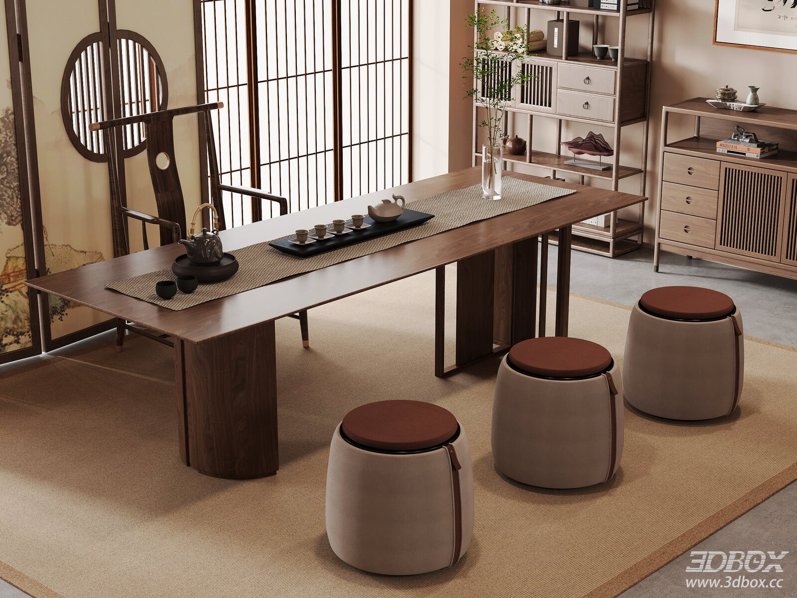 New Chinese Style Tea Room with Wooden Tea Table and Seats 3D model - front view