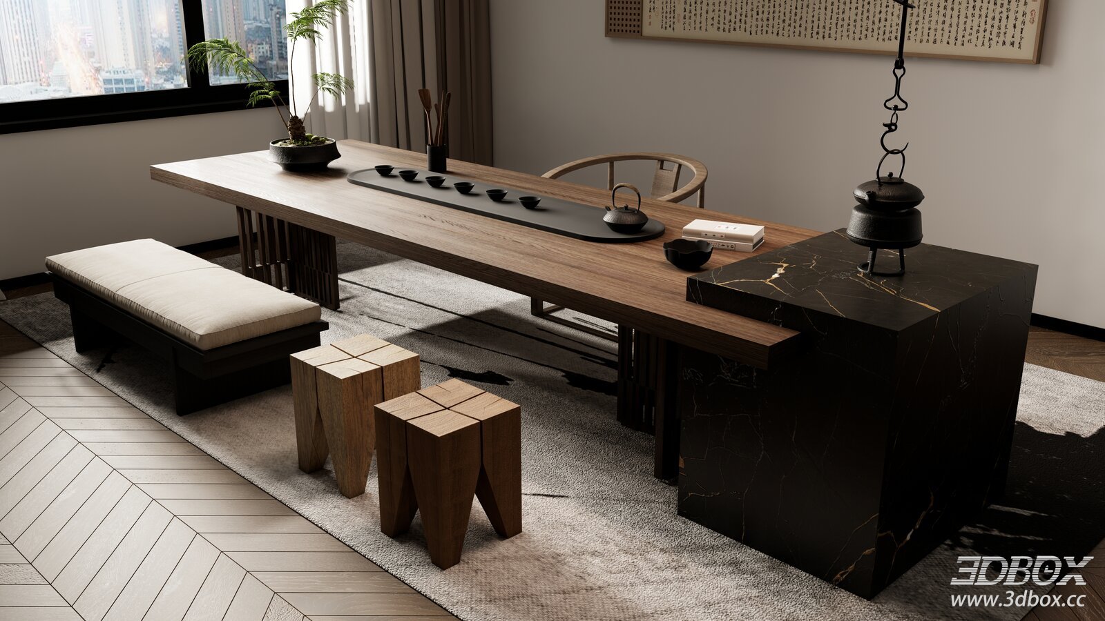 New Chinese Style Tea Room Table and Seating Set 3D model - front view