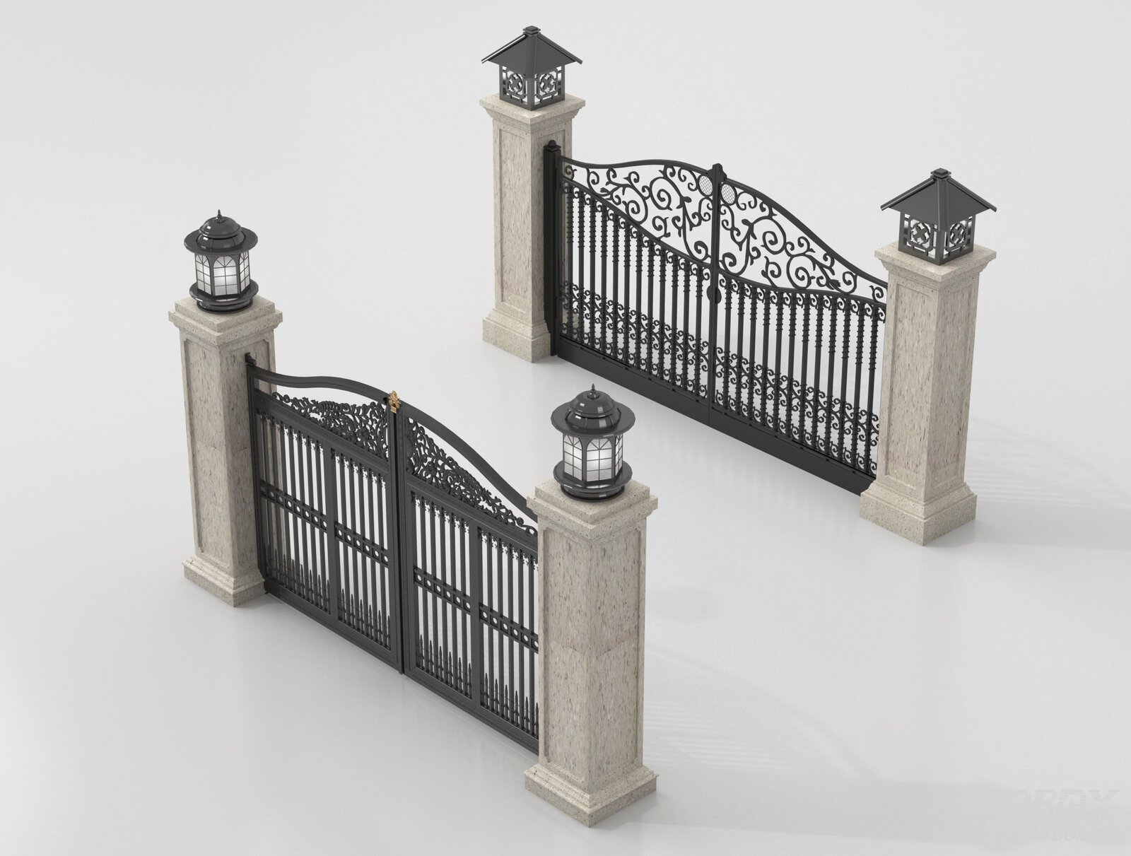 European Wrought Iron Courtyard Gate with Stone Pillars 3D model - front view