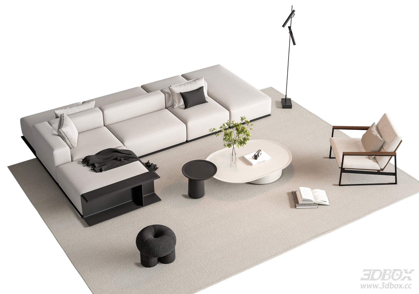 Modern Minimalist Fabric Sofa Set with Coffee Table and Armchair 3D model - front view