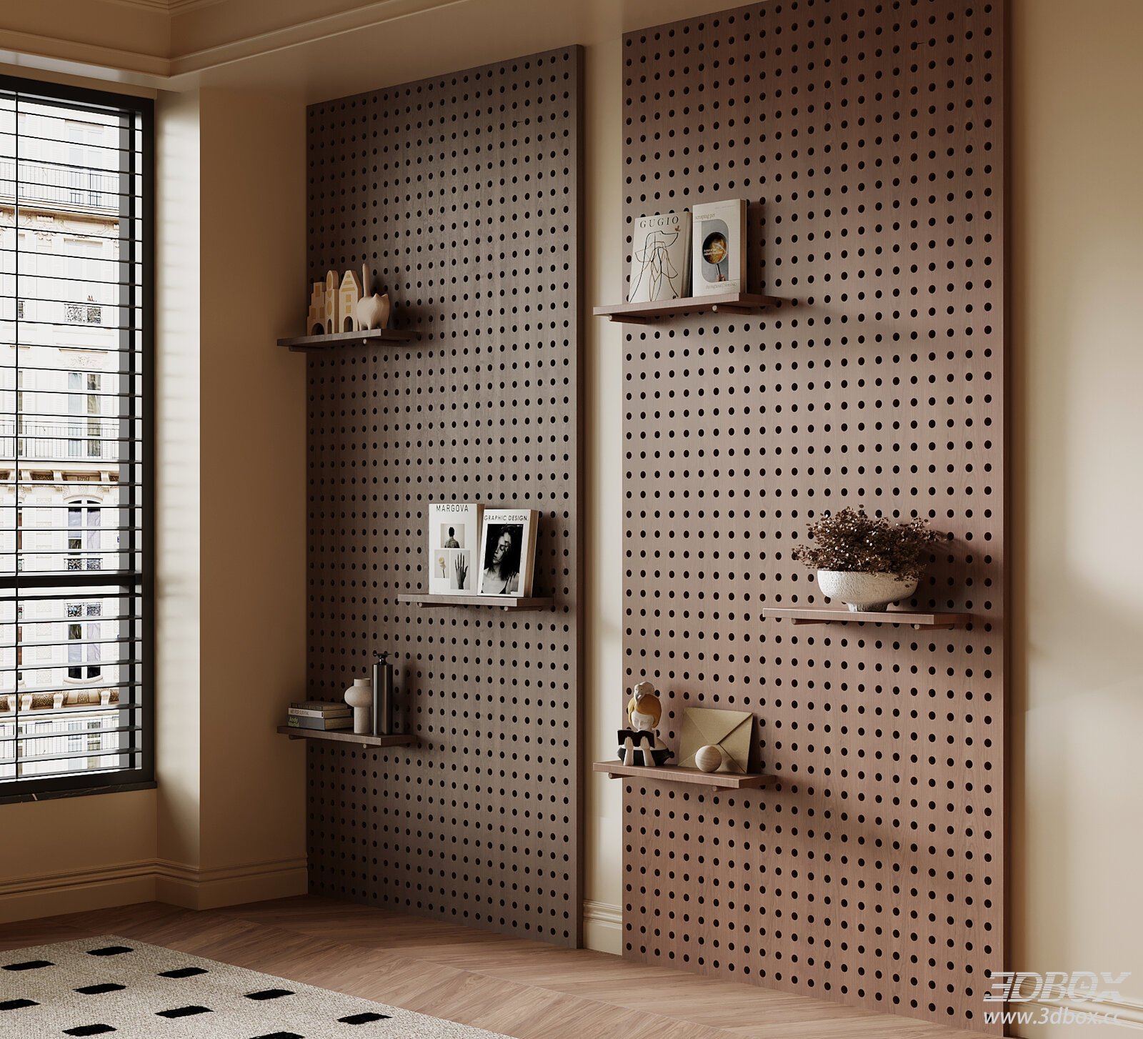 Mid Century Modern Wooden Wall Mounted Pegboard Display Shelf 3D model - front view
