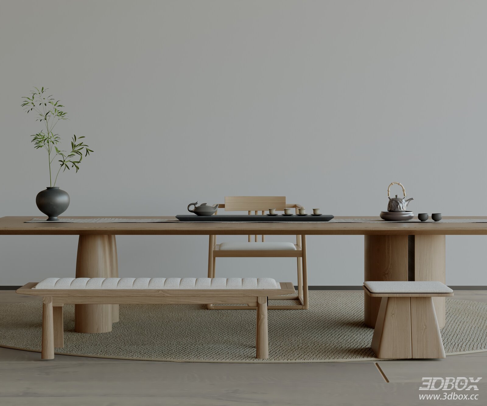 Modern Minimalist Wooden Tea Room Scene 3D model - front view