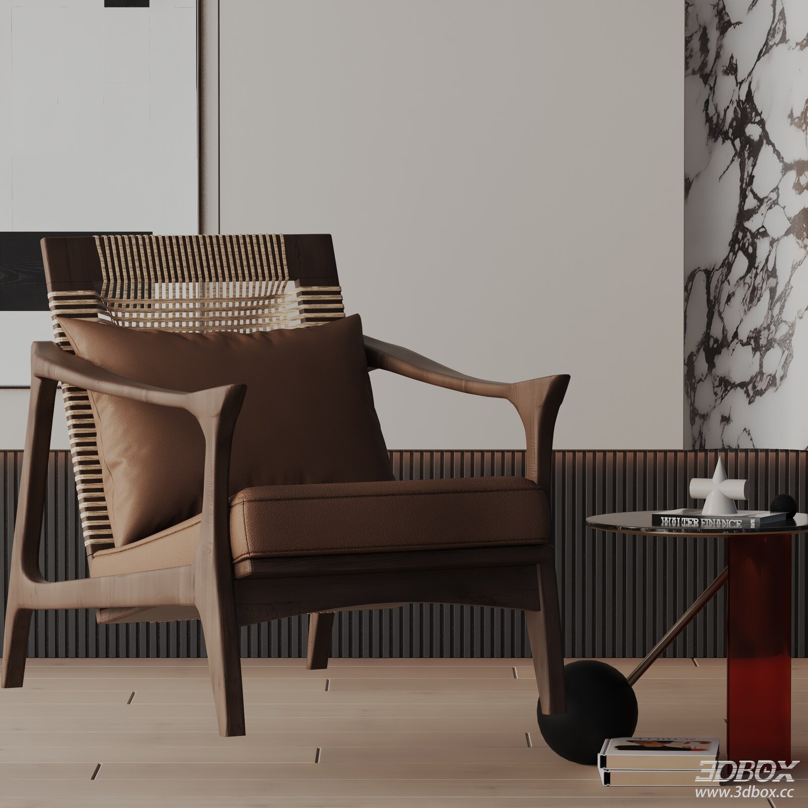 Modern Wooden Leather Armchair with Woven Rattan Back 3D model - front view