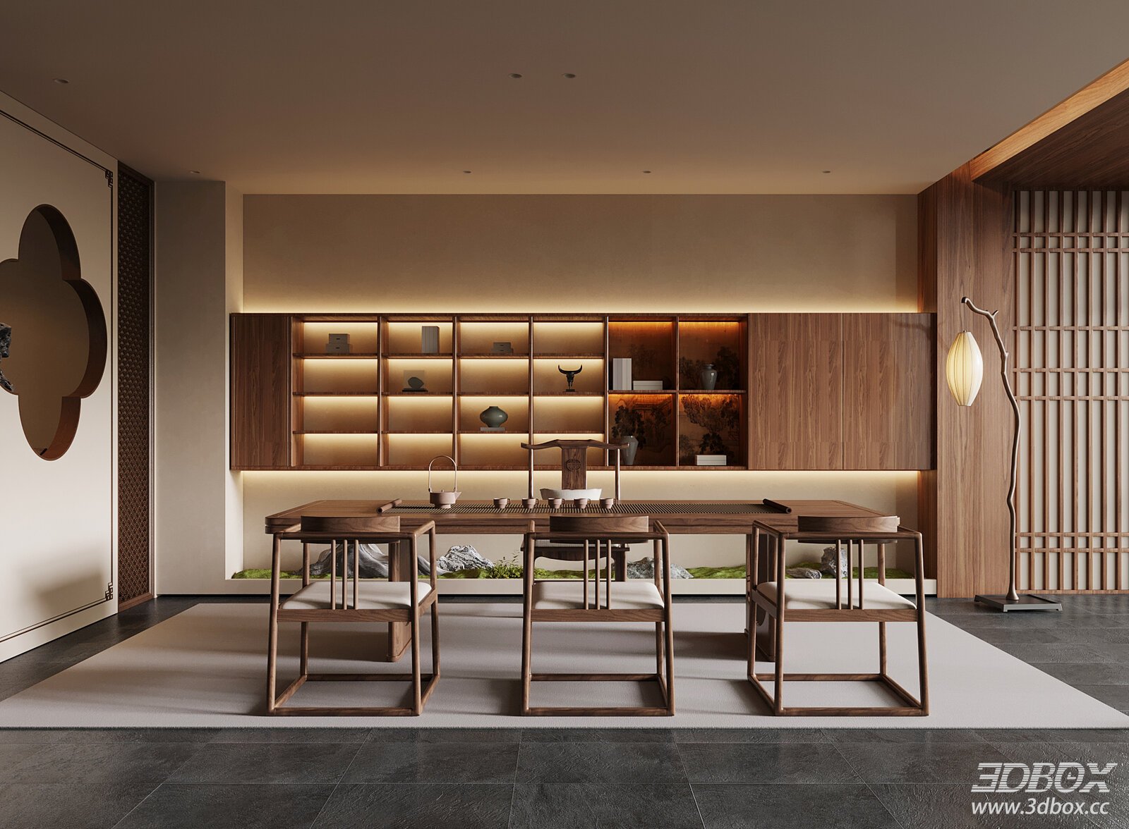 New Chinese Style Zen Tea Room Interior Scene 3D model - front view