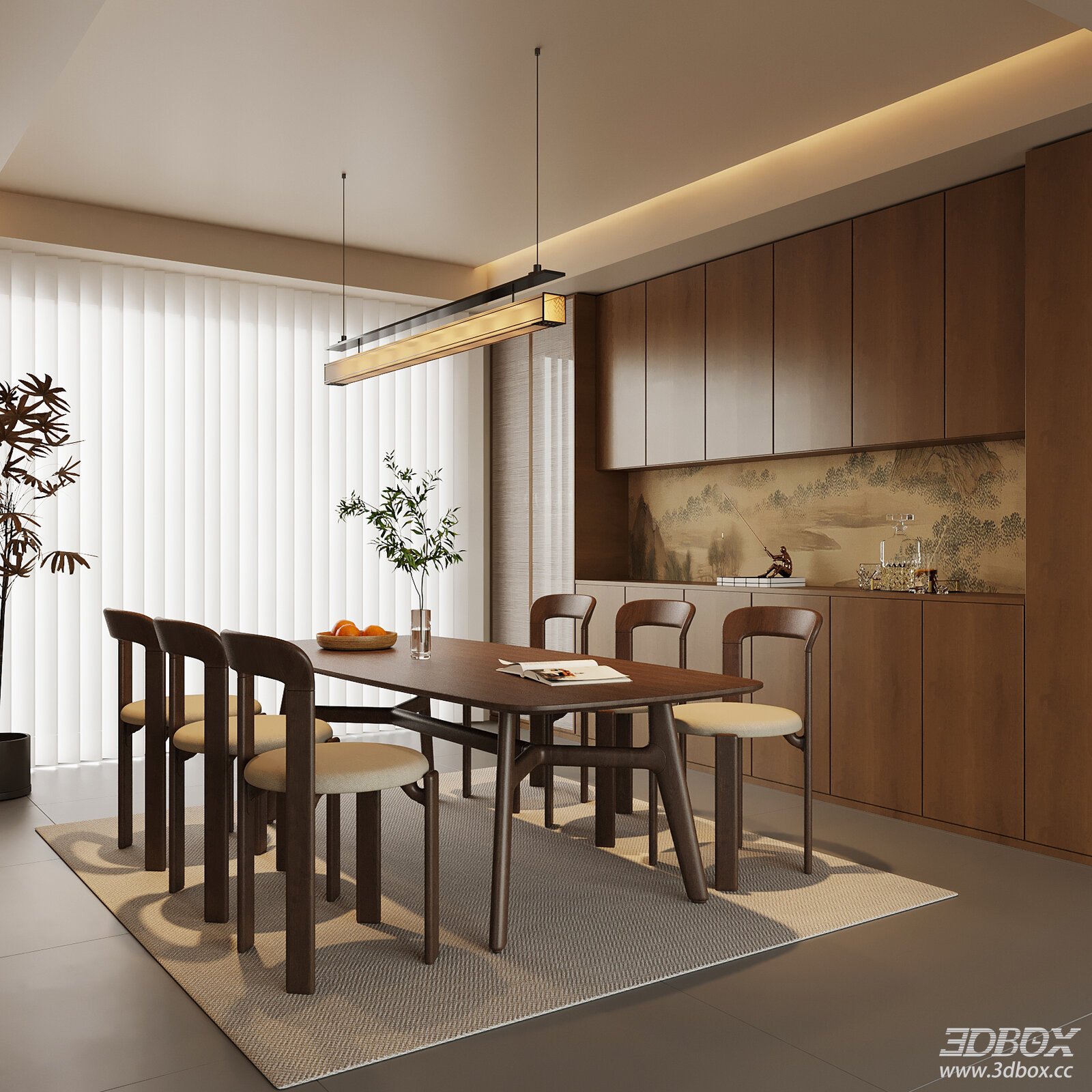 New Chinese Style Dining Room with Dining Table Chairs Sideboard 3D model - front view