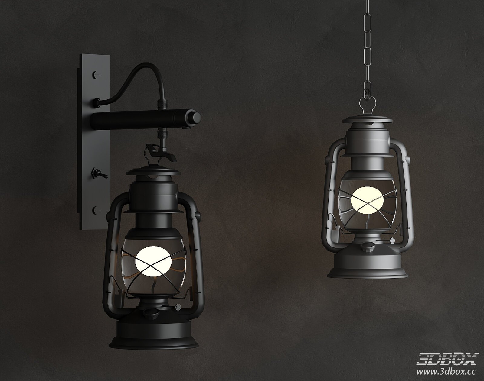 Vintage Lantern Style Wall and Pendant Lamp Set 3D model - front view