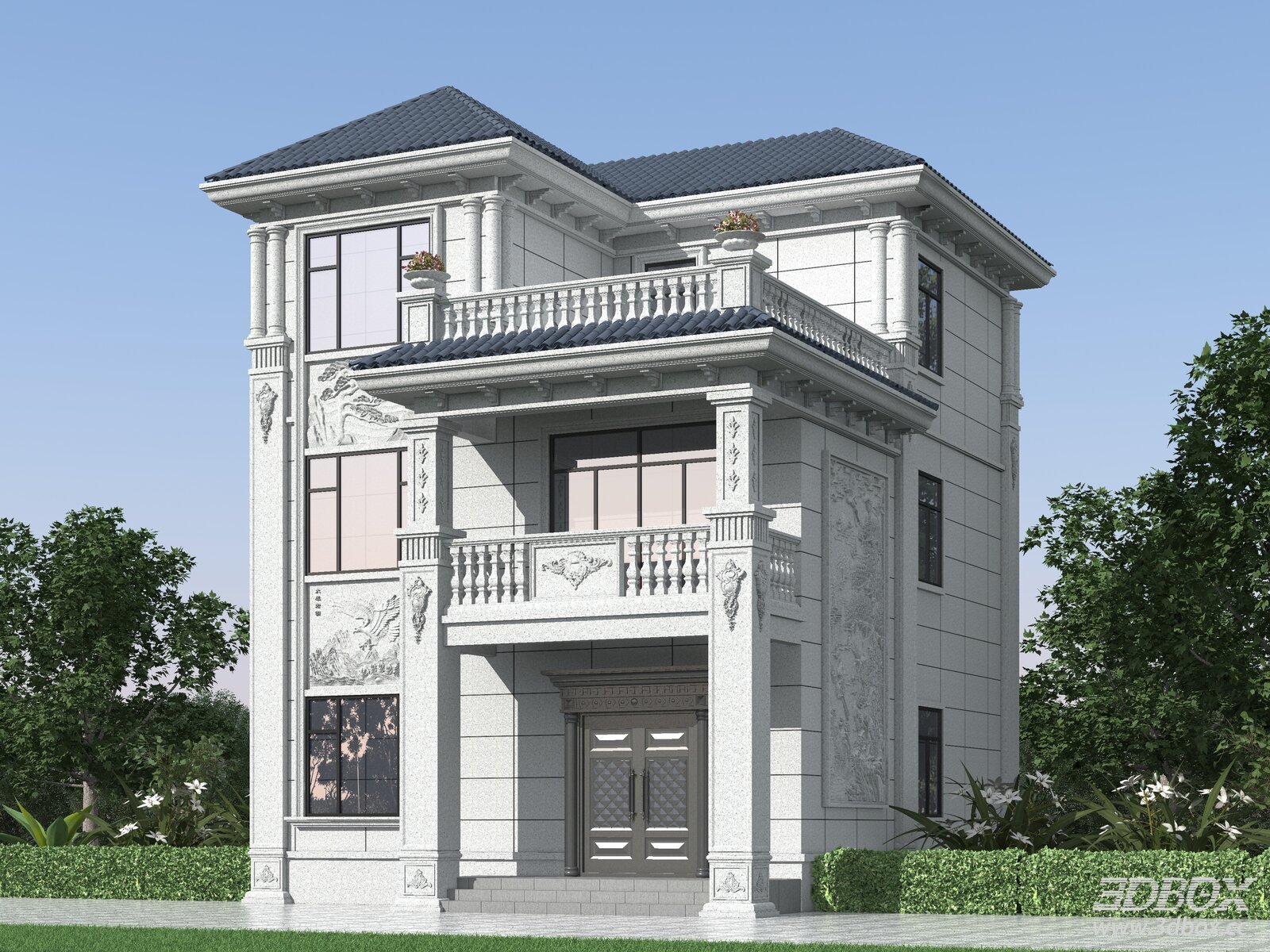 European Style Luxury Villa Exterior Facade 3D model - front view