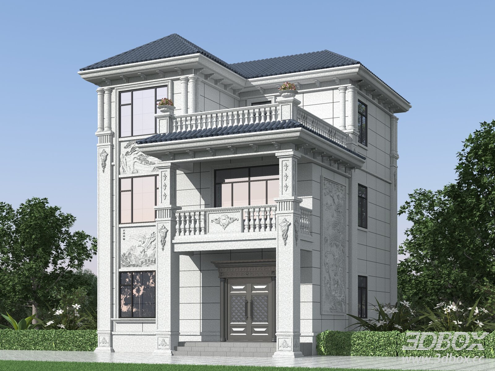 European Style Luxury Villa Exterior Facade 3D model - thumbnail 1