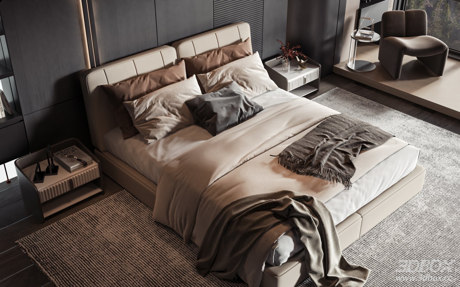 Modern Luxury Minimalist Double Bedroom Scene 3D model - front view