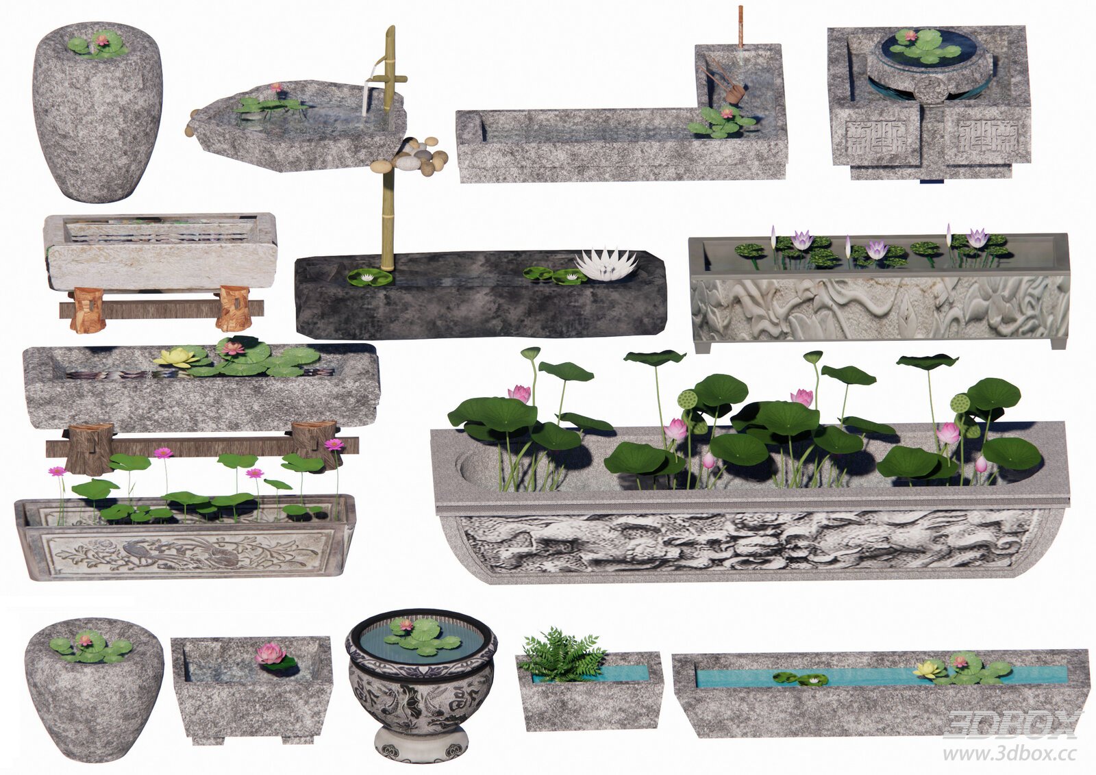 Traditional Chinese Stone Water Feature Lotus Pond Set 3D model - front view