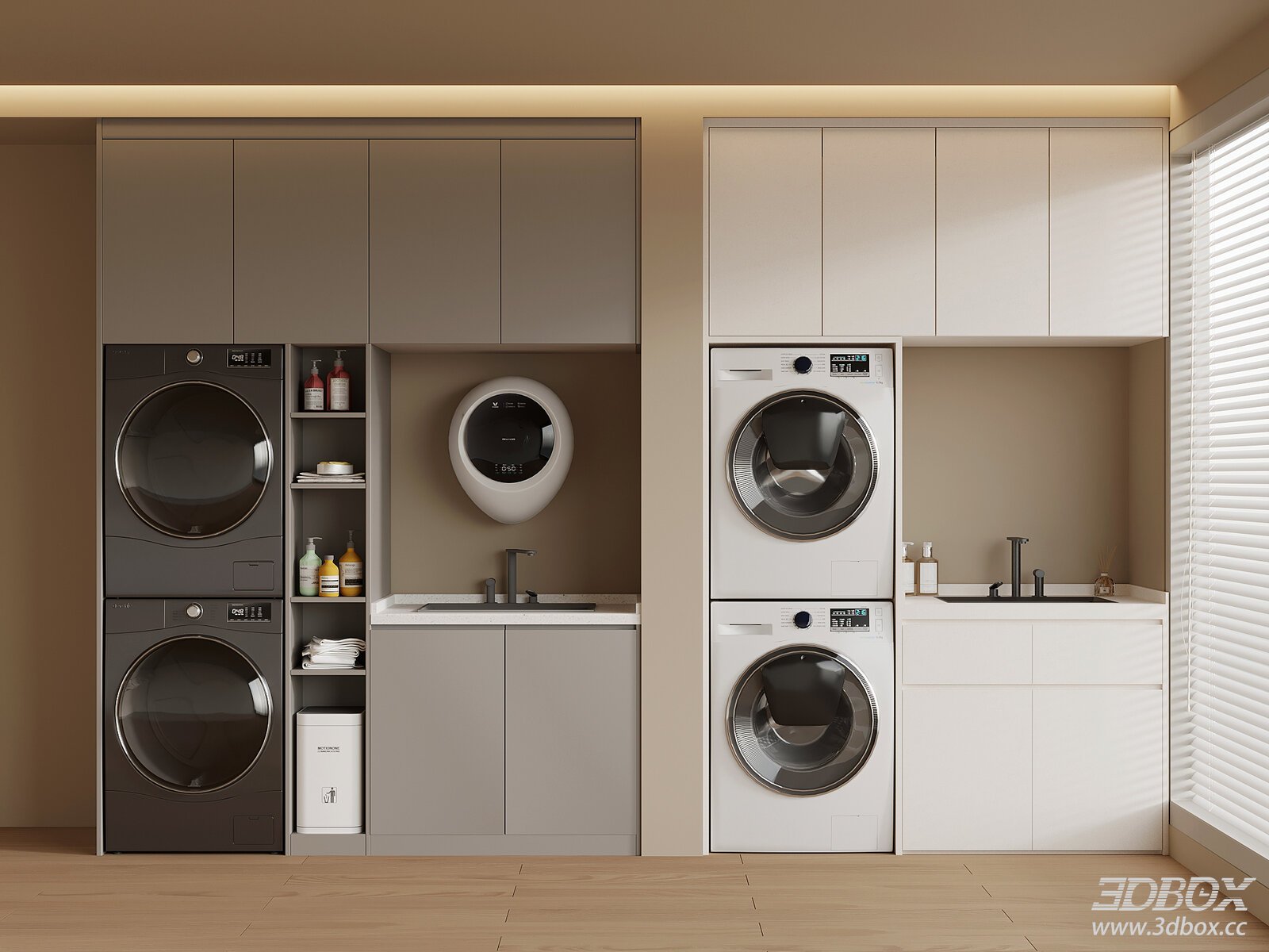 Modern Laundry Balcony Cabinet with Washing Machines 3D model - front view