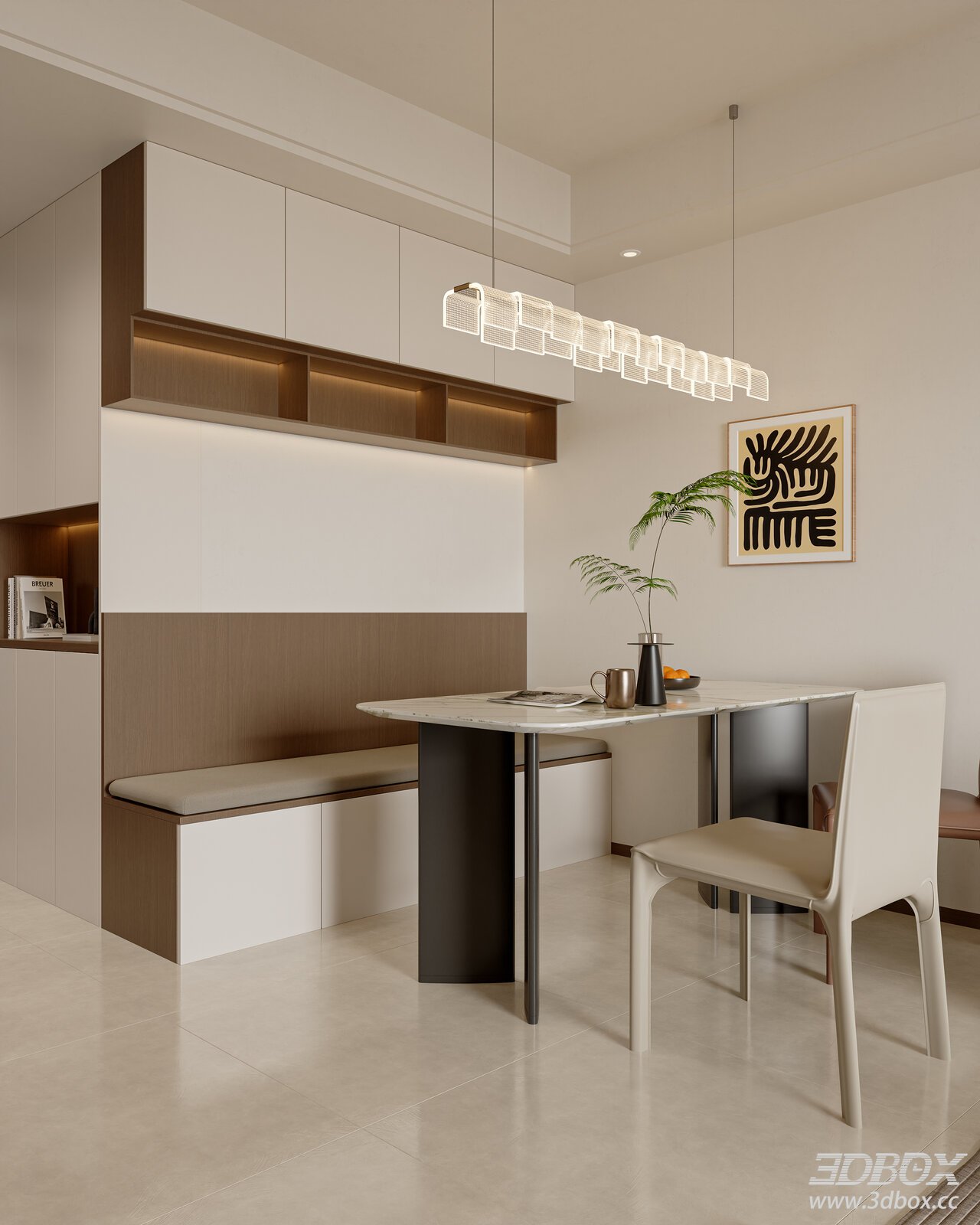 Modern Minimalist Dining Room with Marble Table and Built-in Bench 3D model - front view