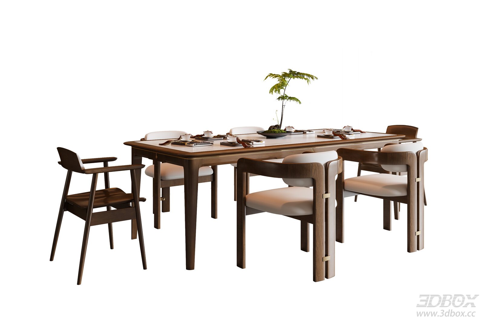 New Chinese Style Solid Wood Dining Table and Chairs Set 3D model - front view