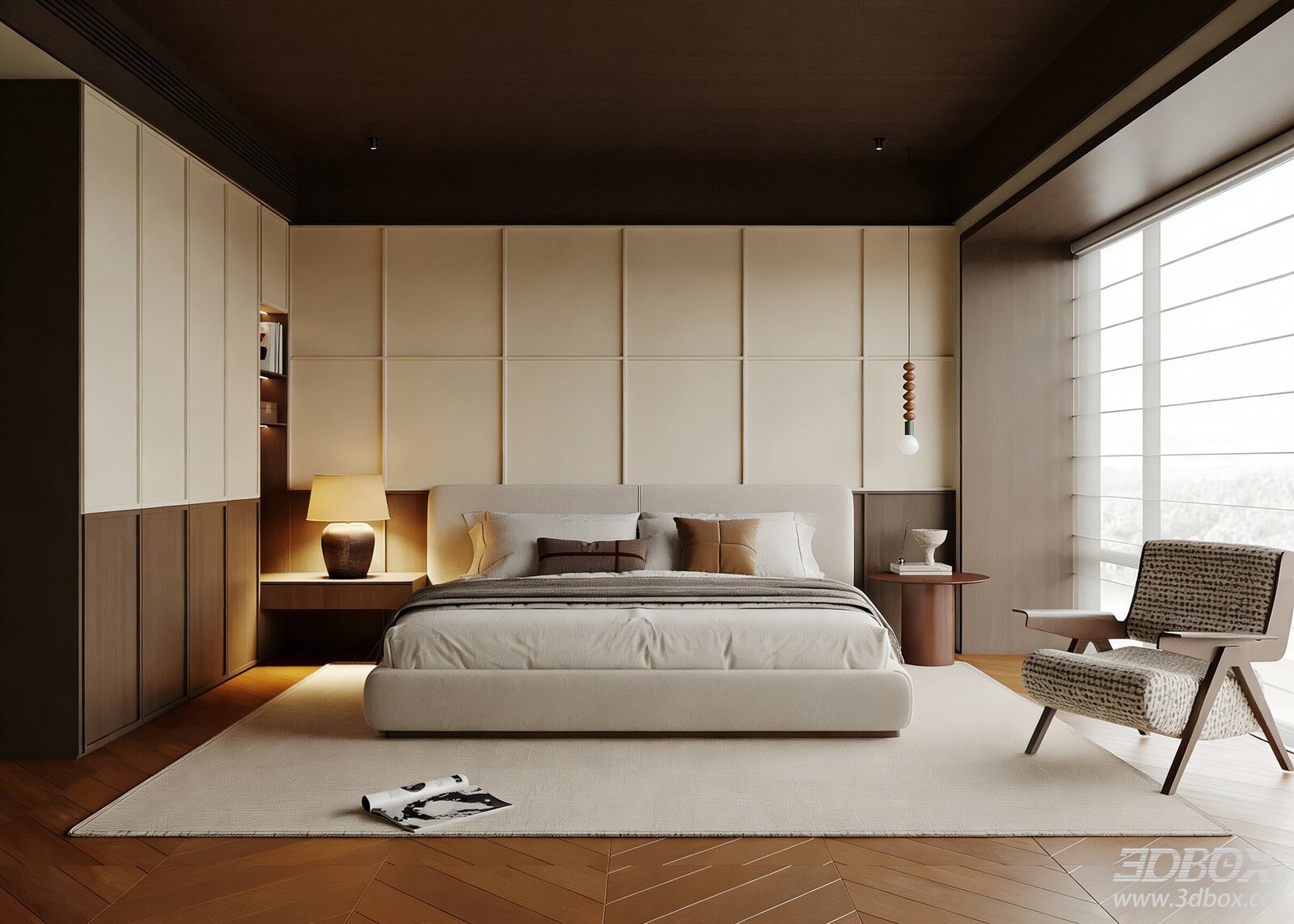 Modern Minimalist Master Bedroom Interior Scene 3D model - front view