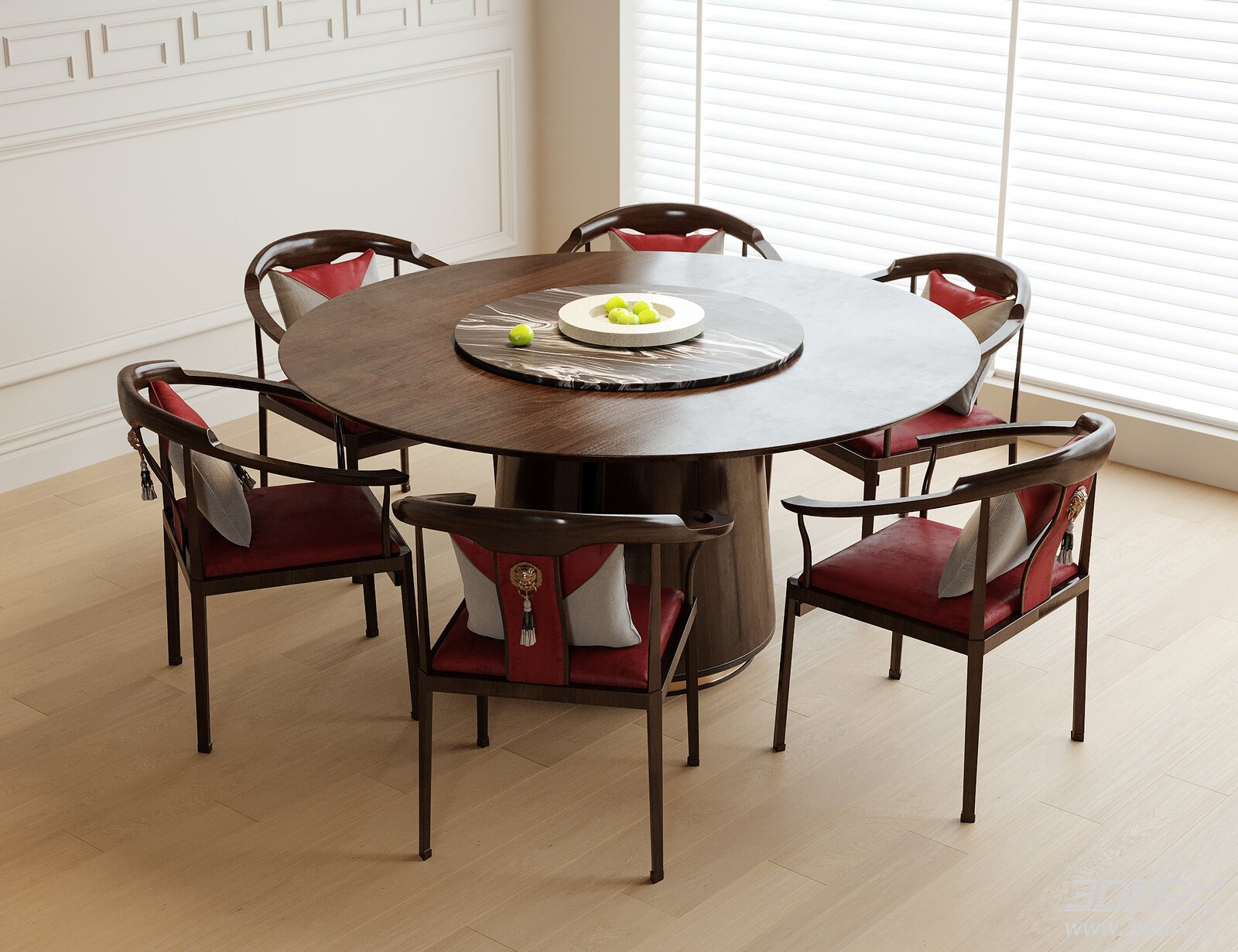 New Chinese Style Round Dining Table and Chairs Set 3D model - front view