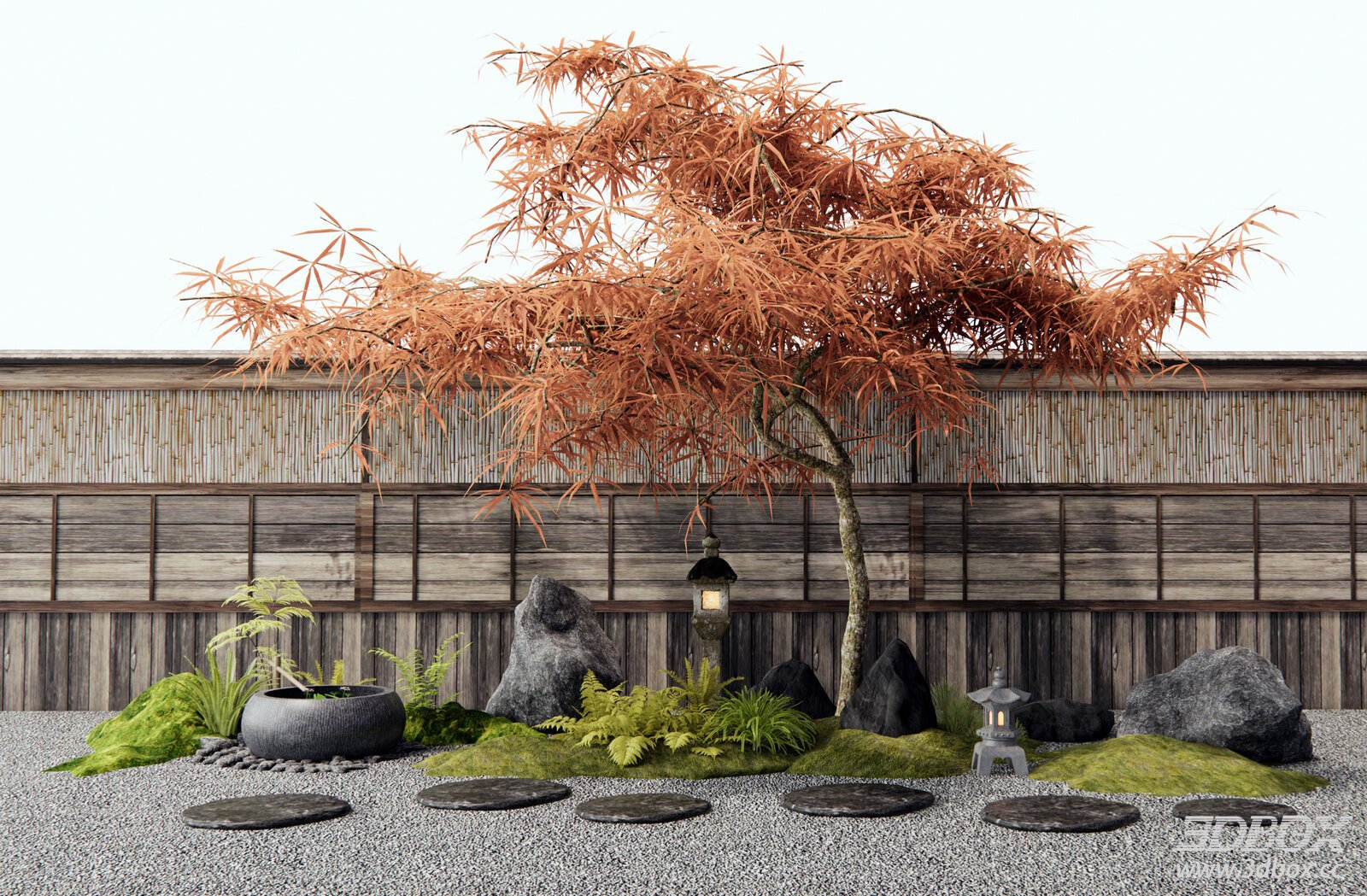Japanese Zen Garden Landscape Set Red Maple Stone Lantern 3D model - front view