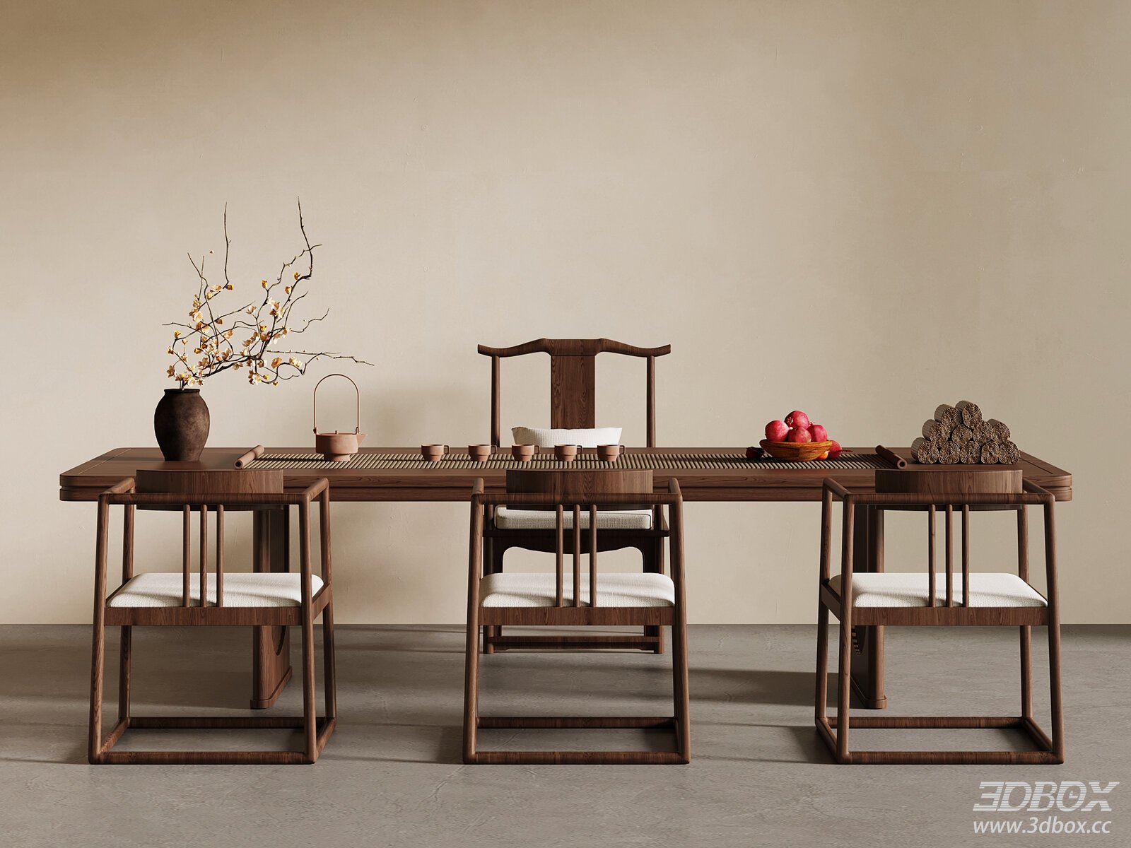 New Chinese Style Wooden Dining Table and Chairs Set 3D model - front view