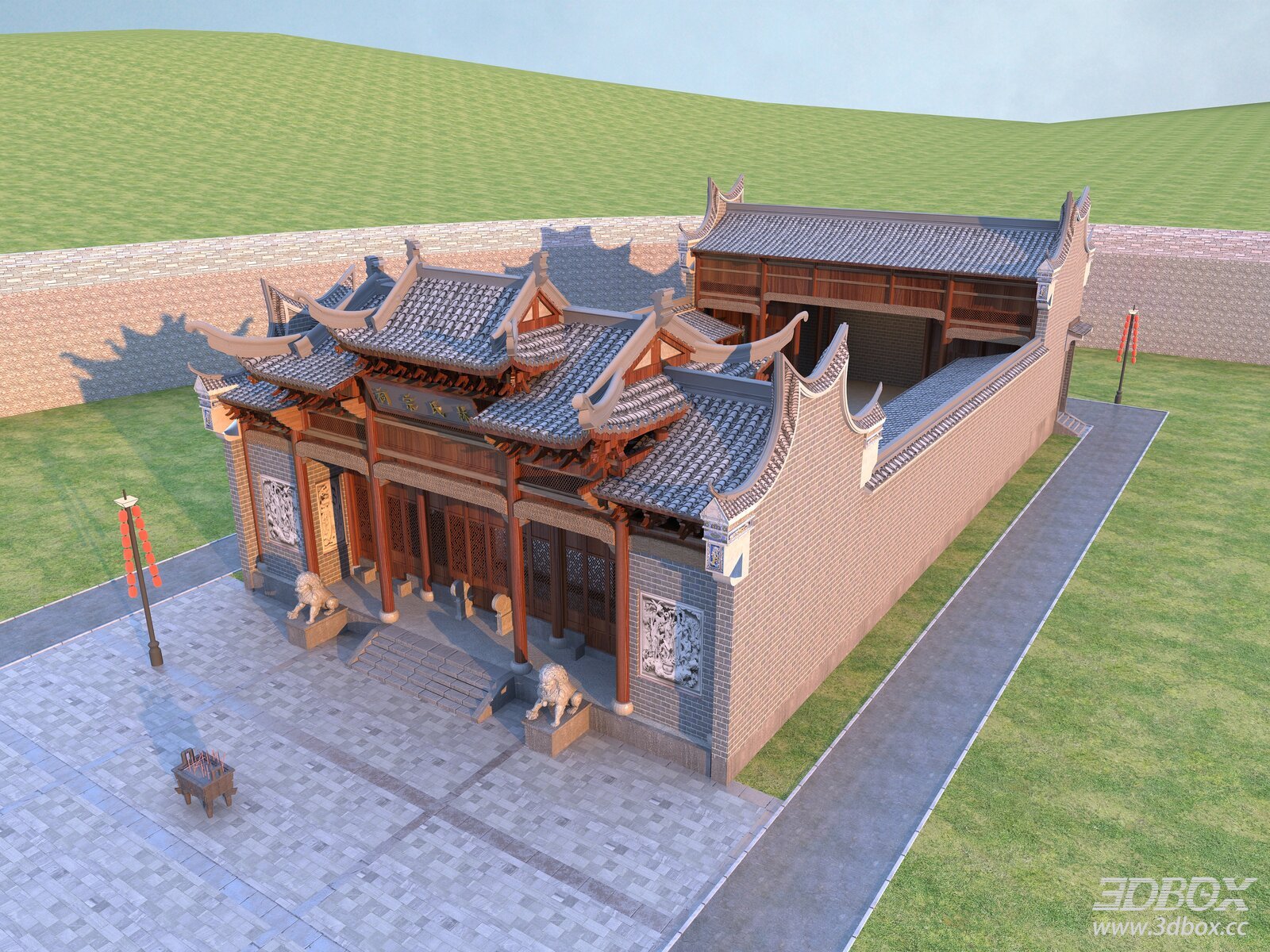 Traditional Chinese Ancestral Hall Exterior Building 3D model - front view