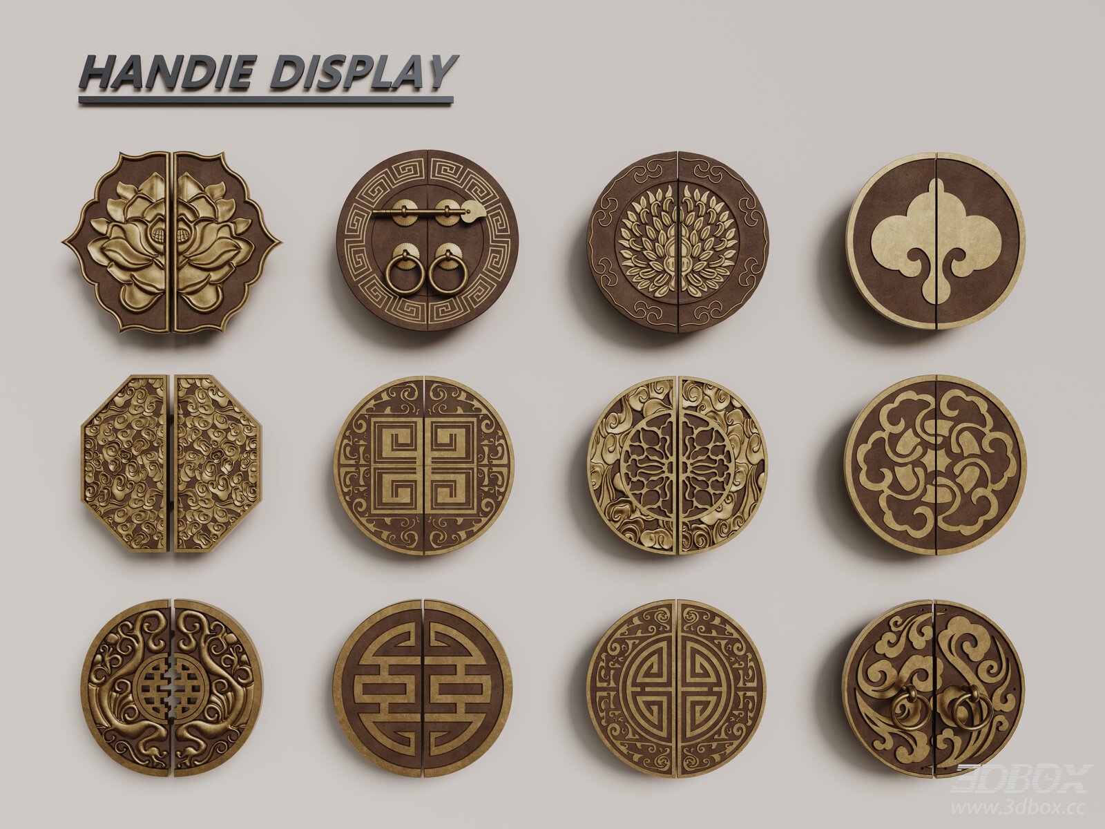 New Chinese Style Carved Brass Door Handle Set 3D model - front view