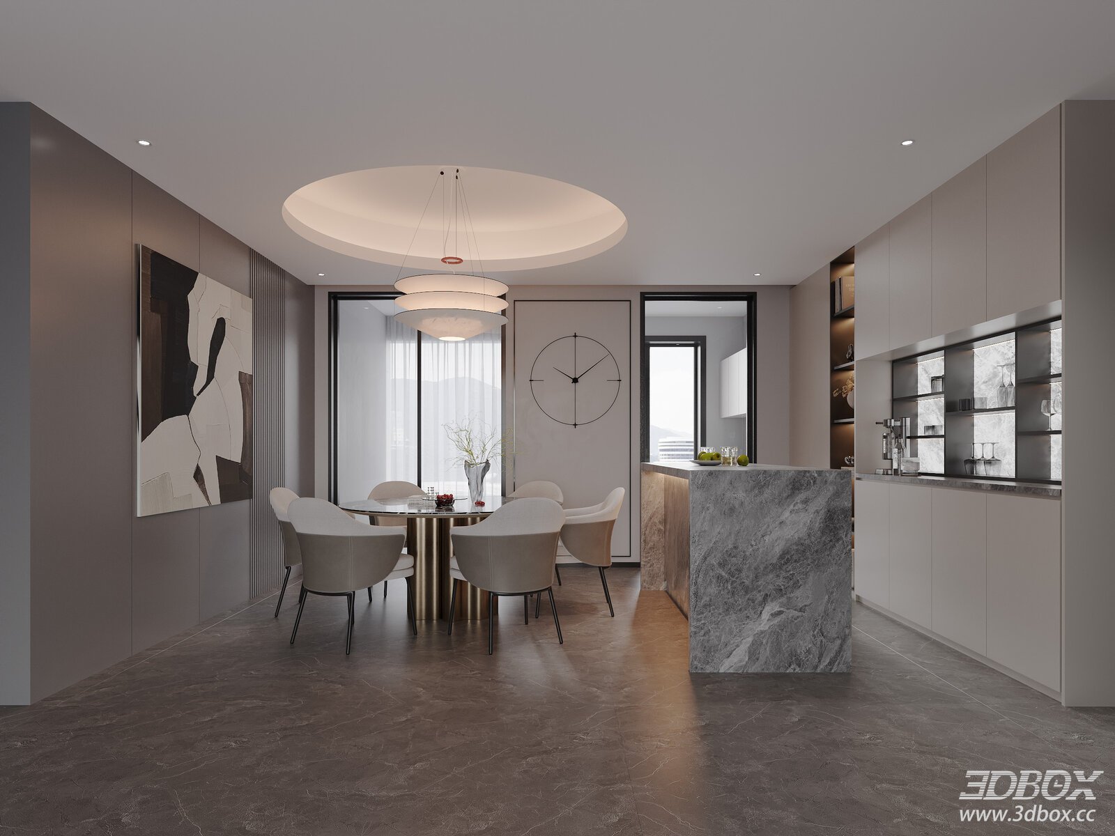 Modern Italian Light Luxury Dining Room Scene 3D model - front view