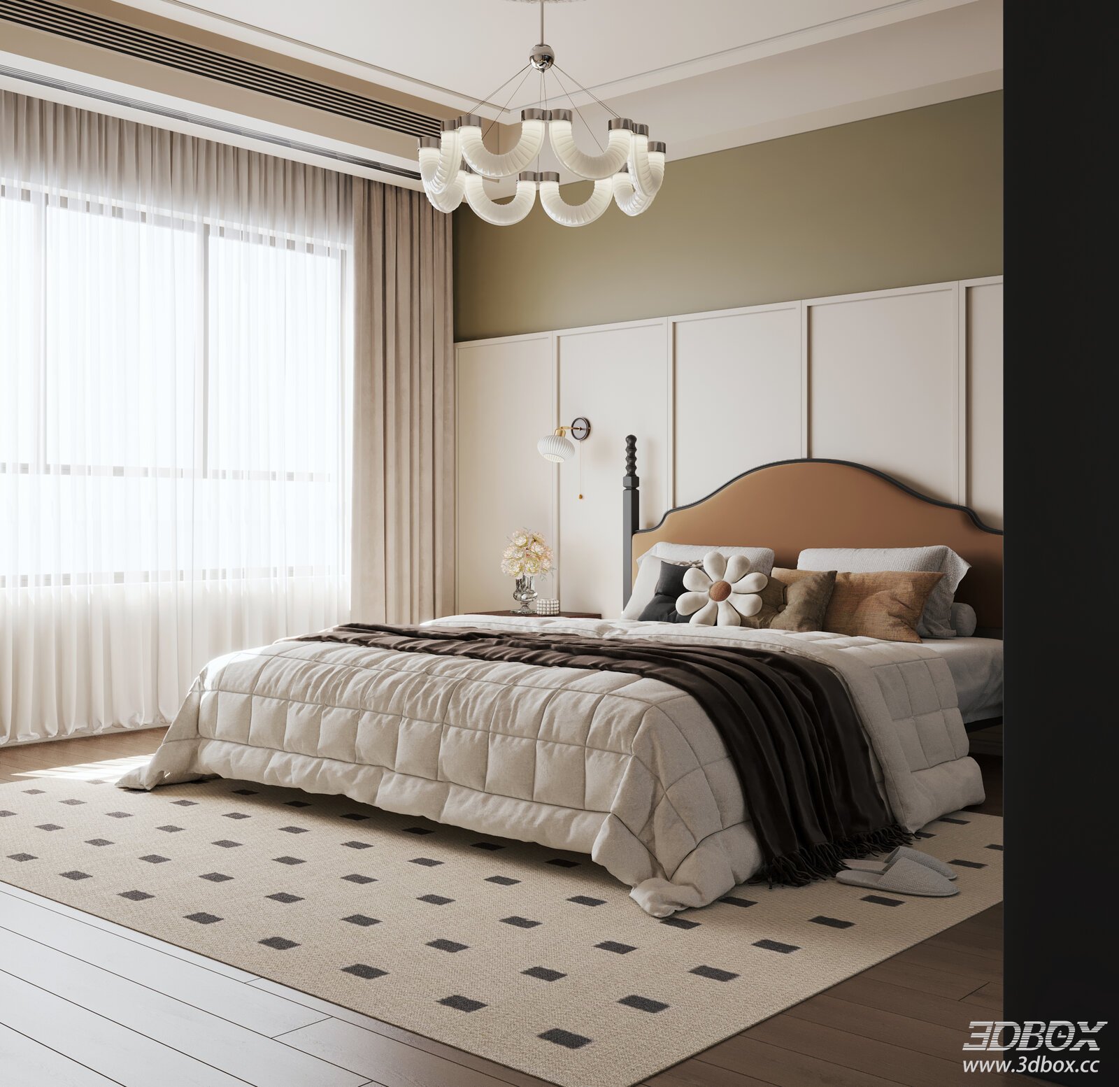 French Vintage Master Bedroom with Bay Window and Double Bed 3D model - front view