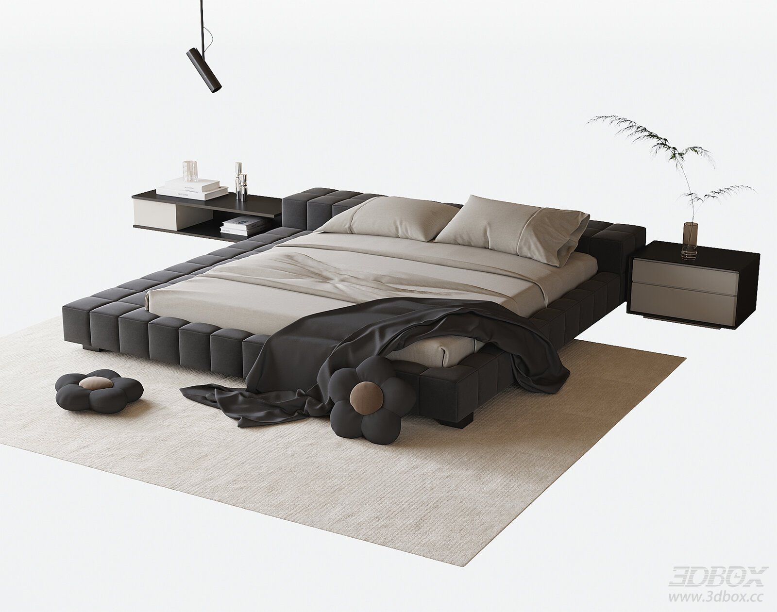 Modern Upholstered Double Bed with Nightstands and Decor 3D model - front view