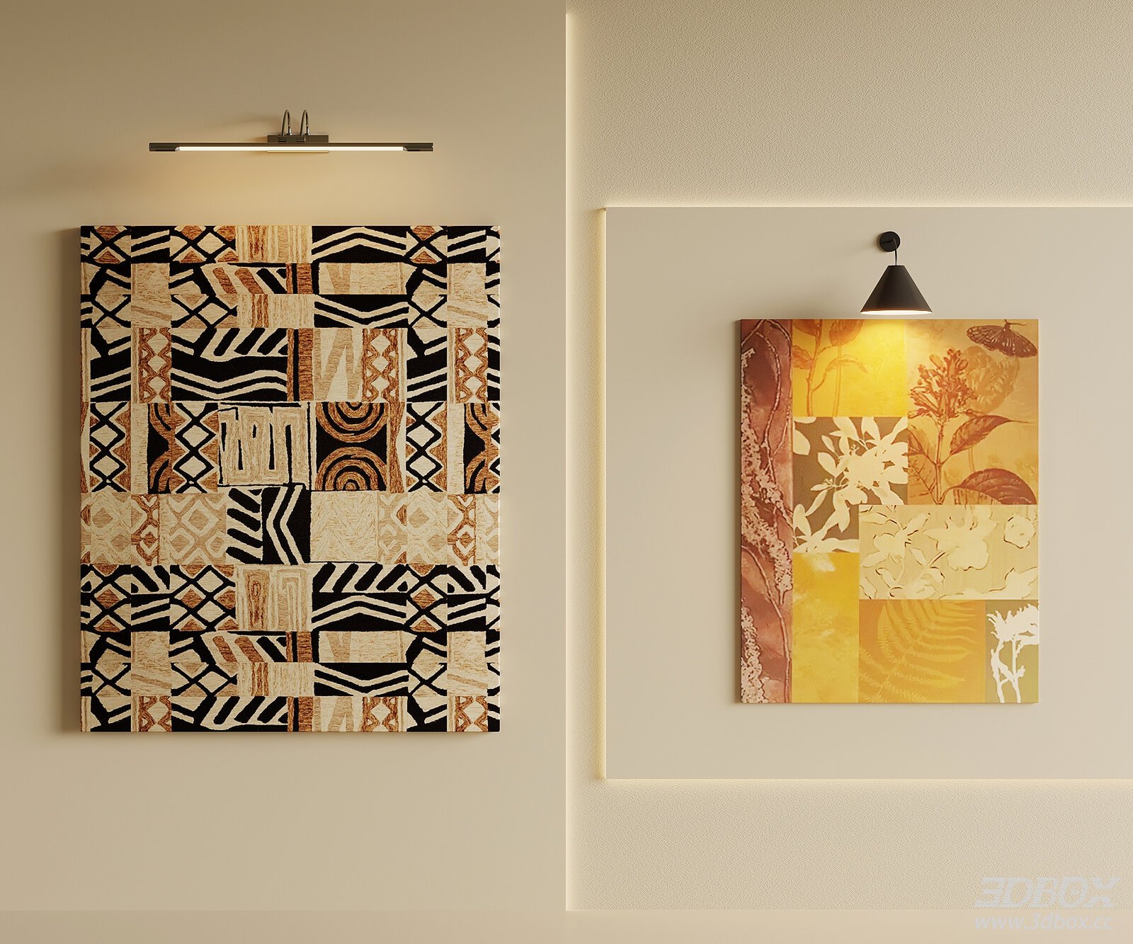 Mid-century Wall Art Paintings with Wall Lamps Set 3D model - front view