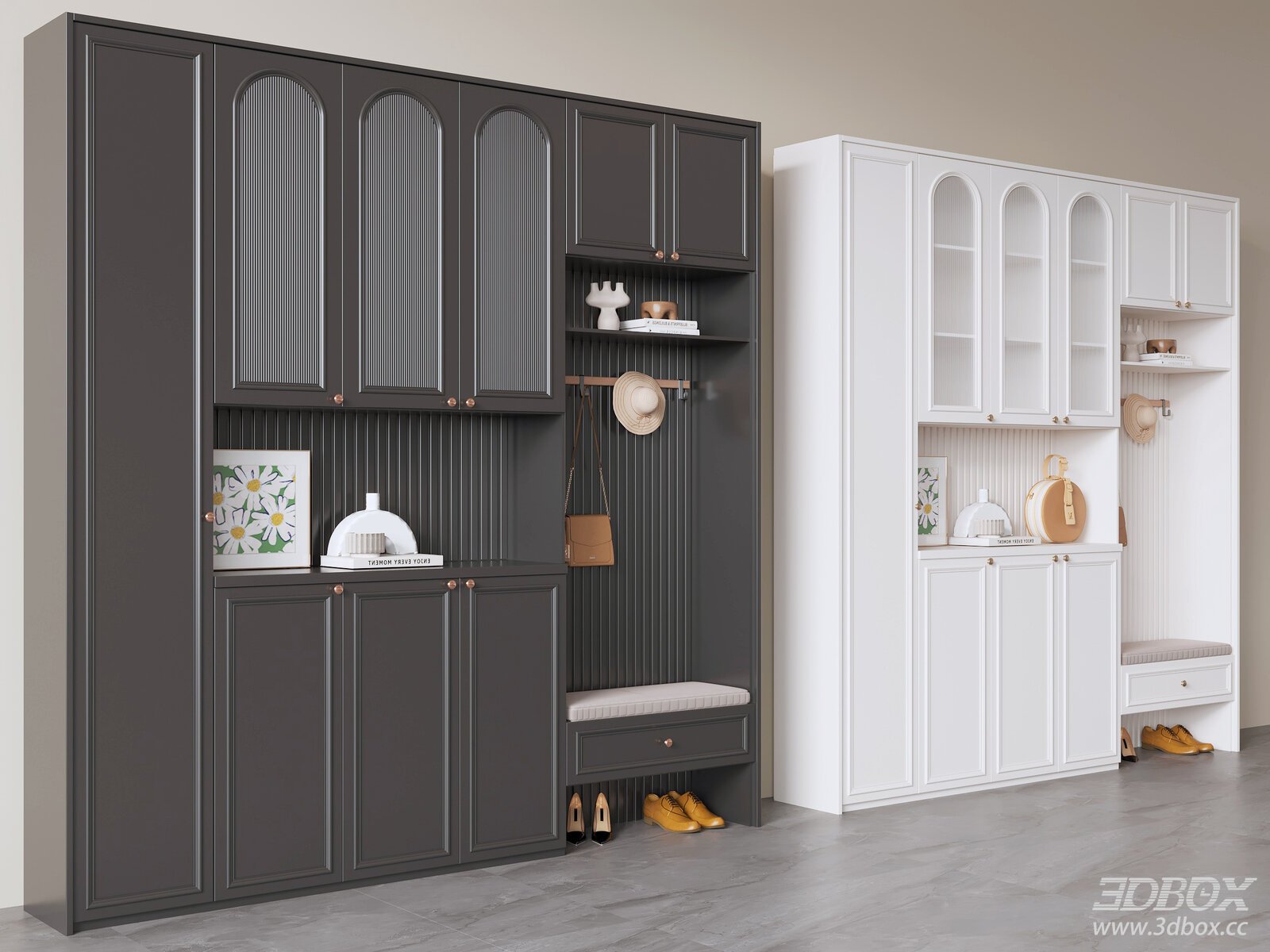 French Cream Style Hallway Shoe Cabinet with Shoe Bench 3D model - front view