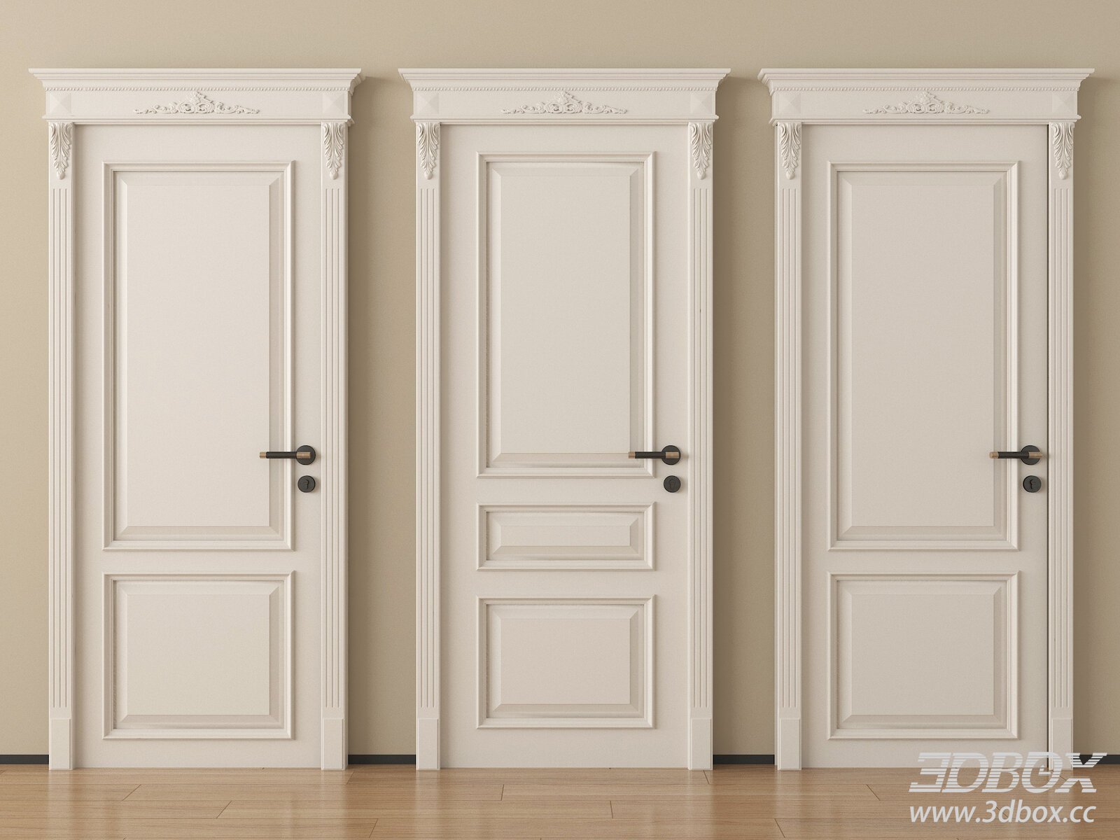 Neoclassical White Interior Door Set 3D model - thumbnail 1