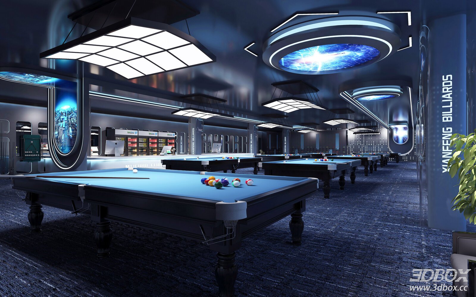 Modern Industrial Tech Luxury Billiard Hall Scene 3D model - front view