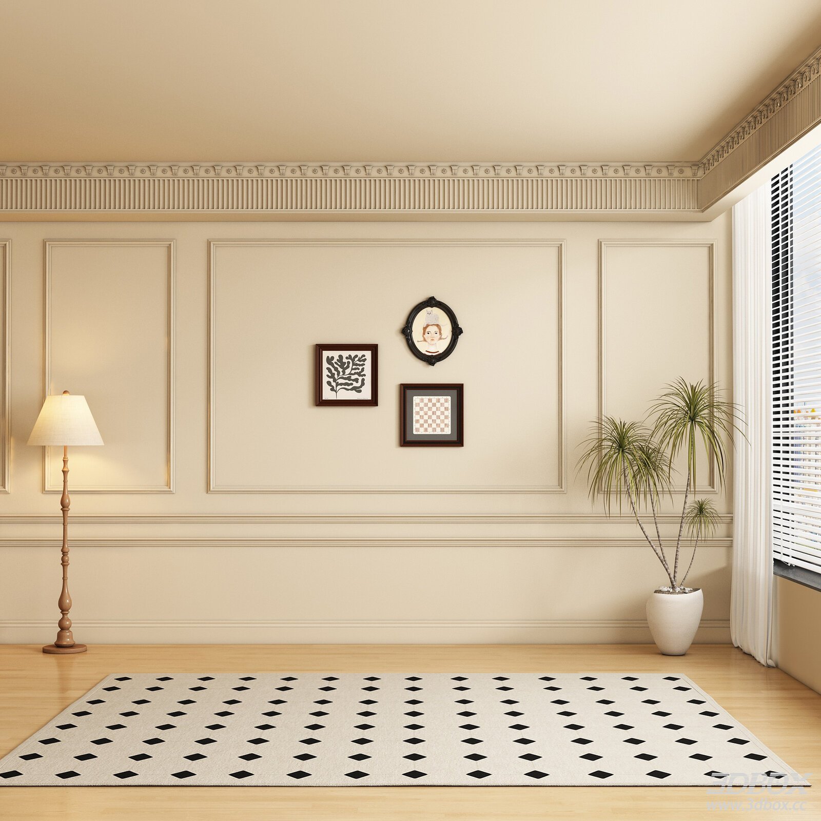 Mid-century classic decorative wall panel interior scene 3D model - front view