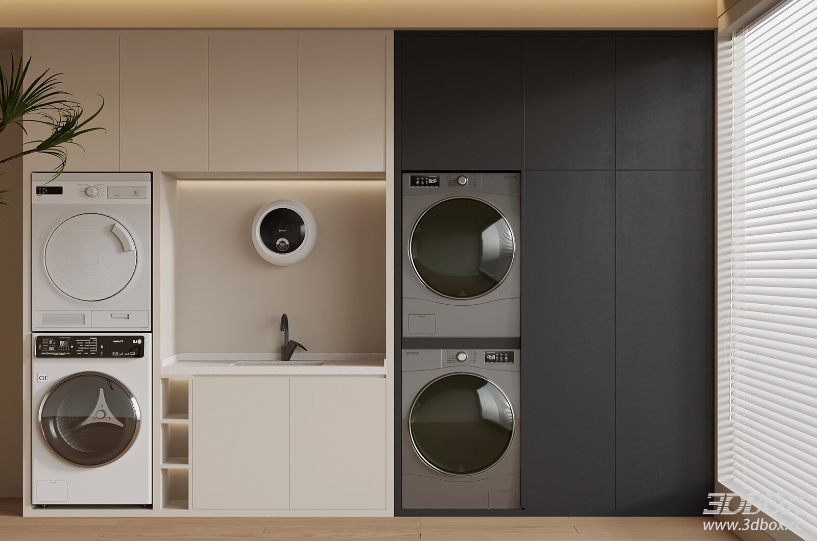 Modern Built-in Laundry Cabinet with Washing Machines 3D model - front view