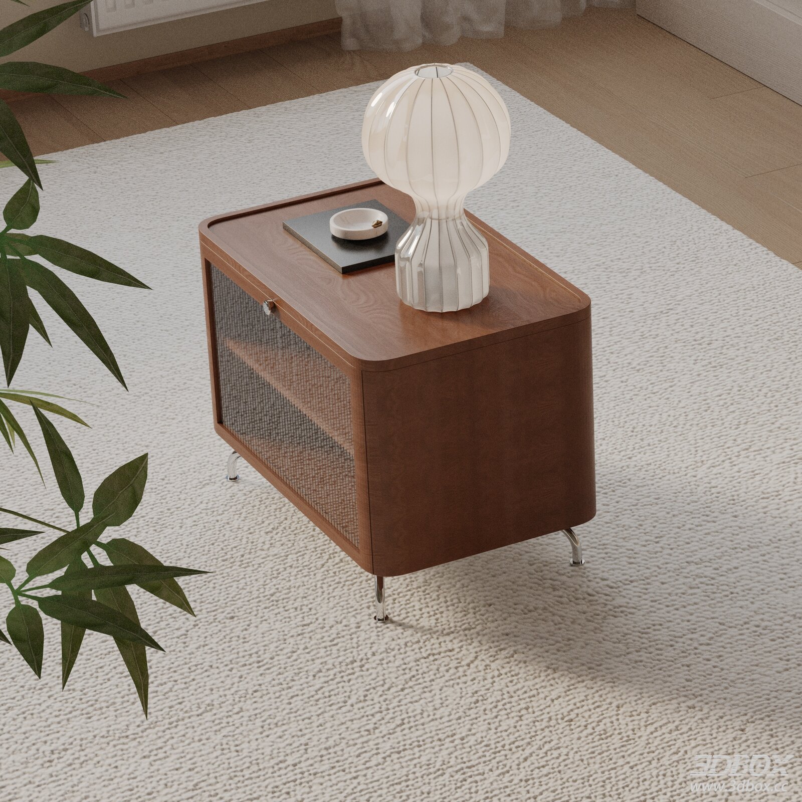 Modern Wooden Walnut Nightstand Side Table with Glass Door 3D model - front view